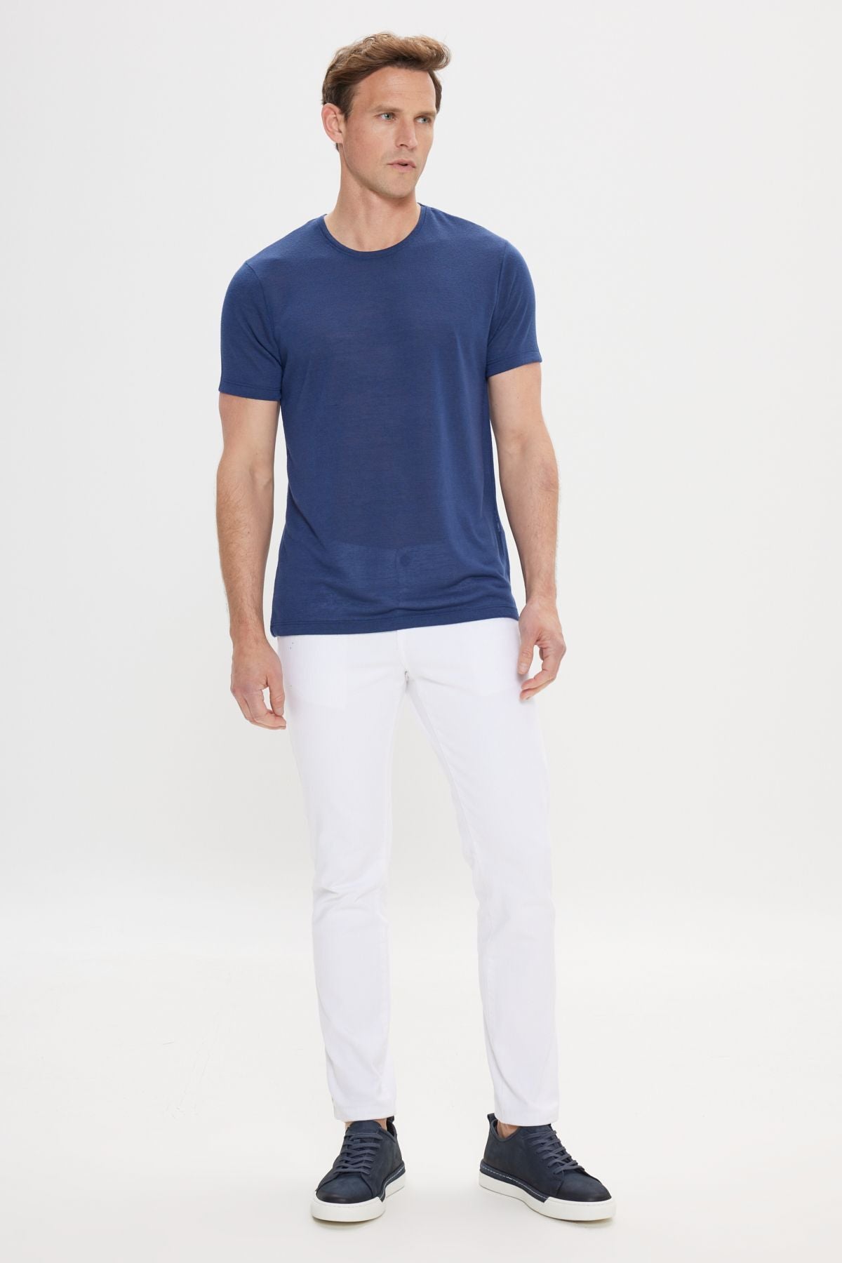 Men's navy blue slim fit narrow cut bike bike collar linen -looking T -shirt