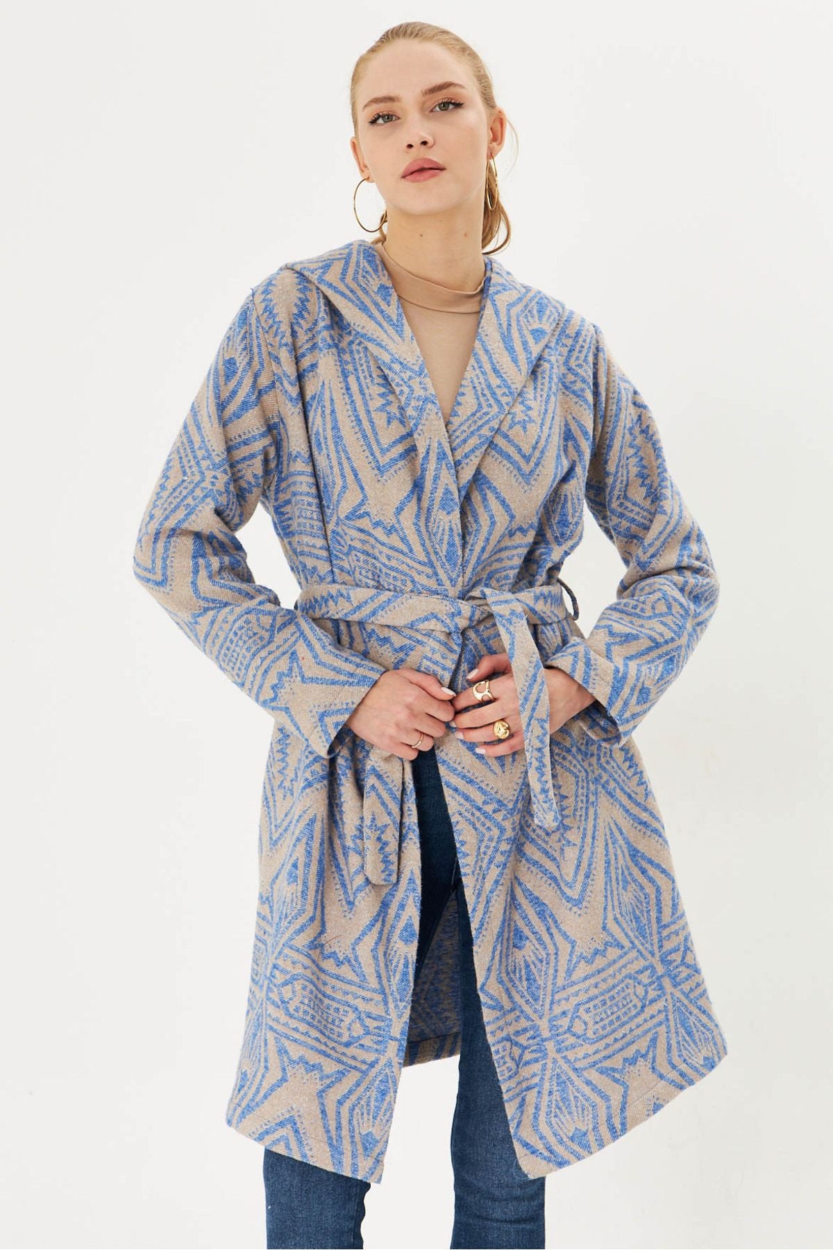 Woman Blue Hooded Waist Tie Mobile Detailed Coat Arm-25k001054