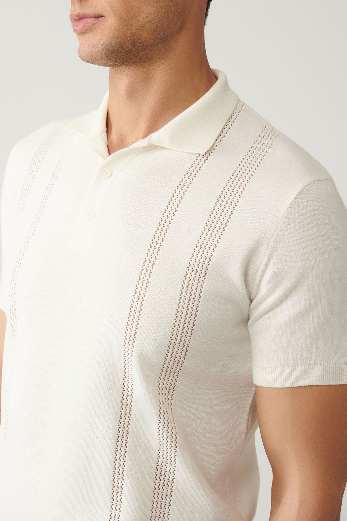 Men's Ecru 3 Button Open Outlative Polico Triko T-Shirt A41Y5096