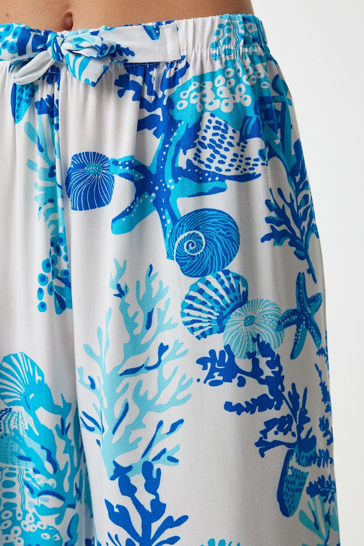 Woman Sky Blue and White Patterned Viscose Palazzo Pants EN00606
