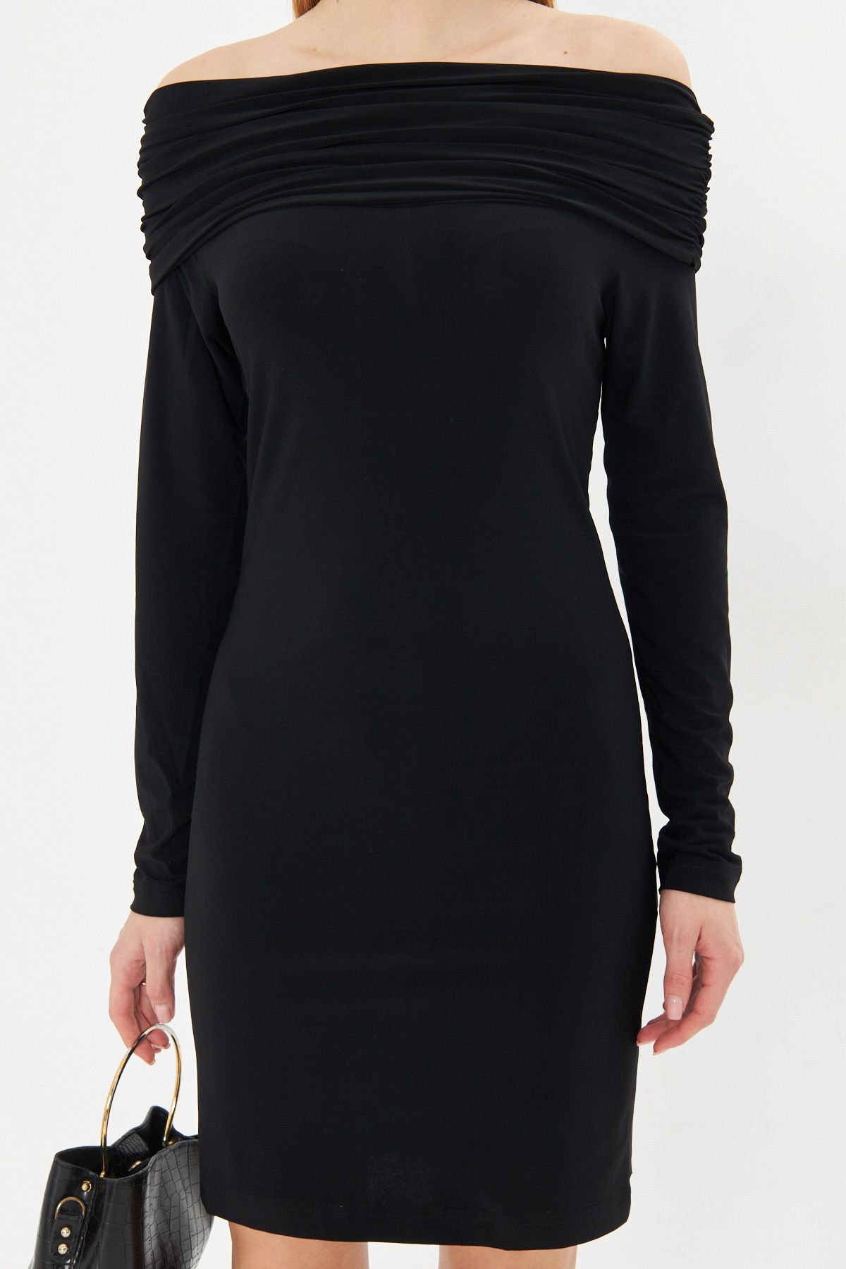 Woman black body sitting on the body carmen collar lycra long arm mini dress ARM-24Y001002