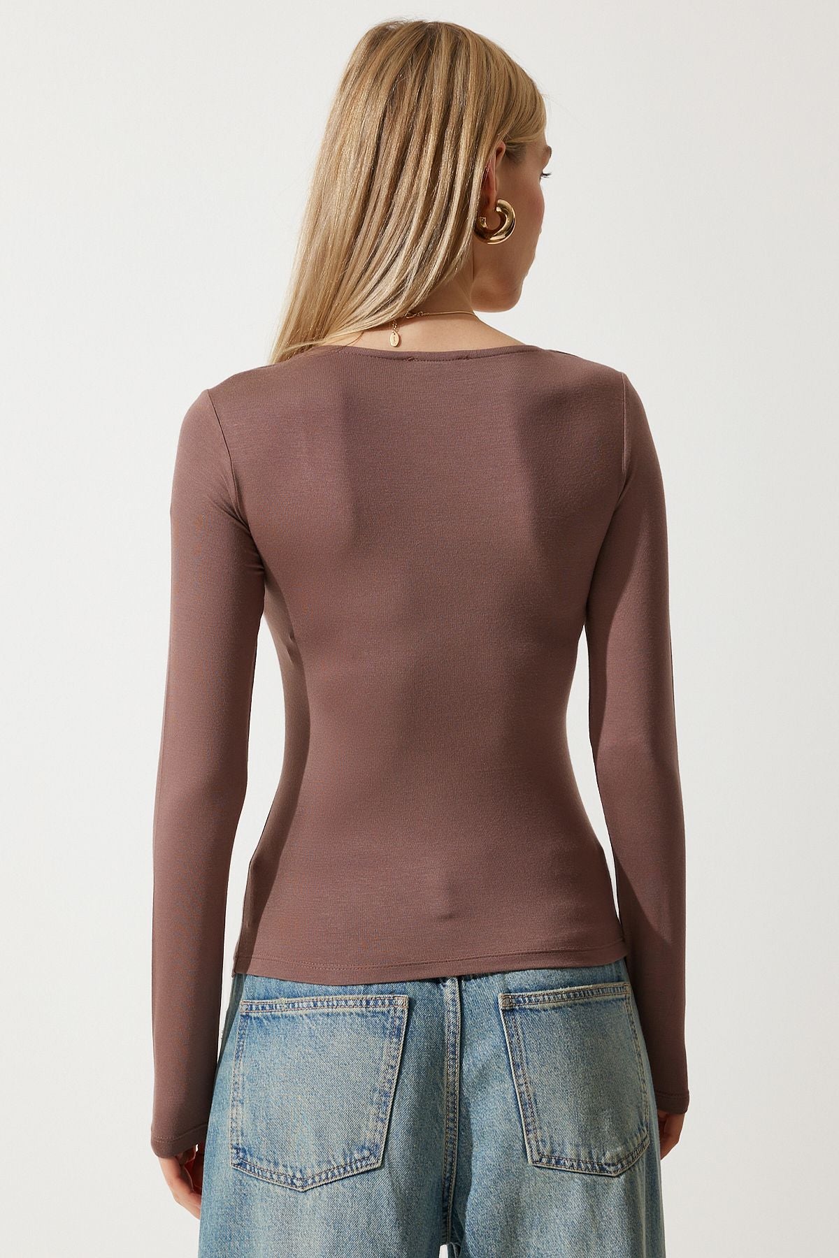 Female Brown White Square Neck Binary Package Knitting Blouse RX00041