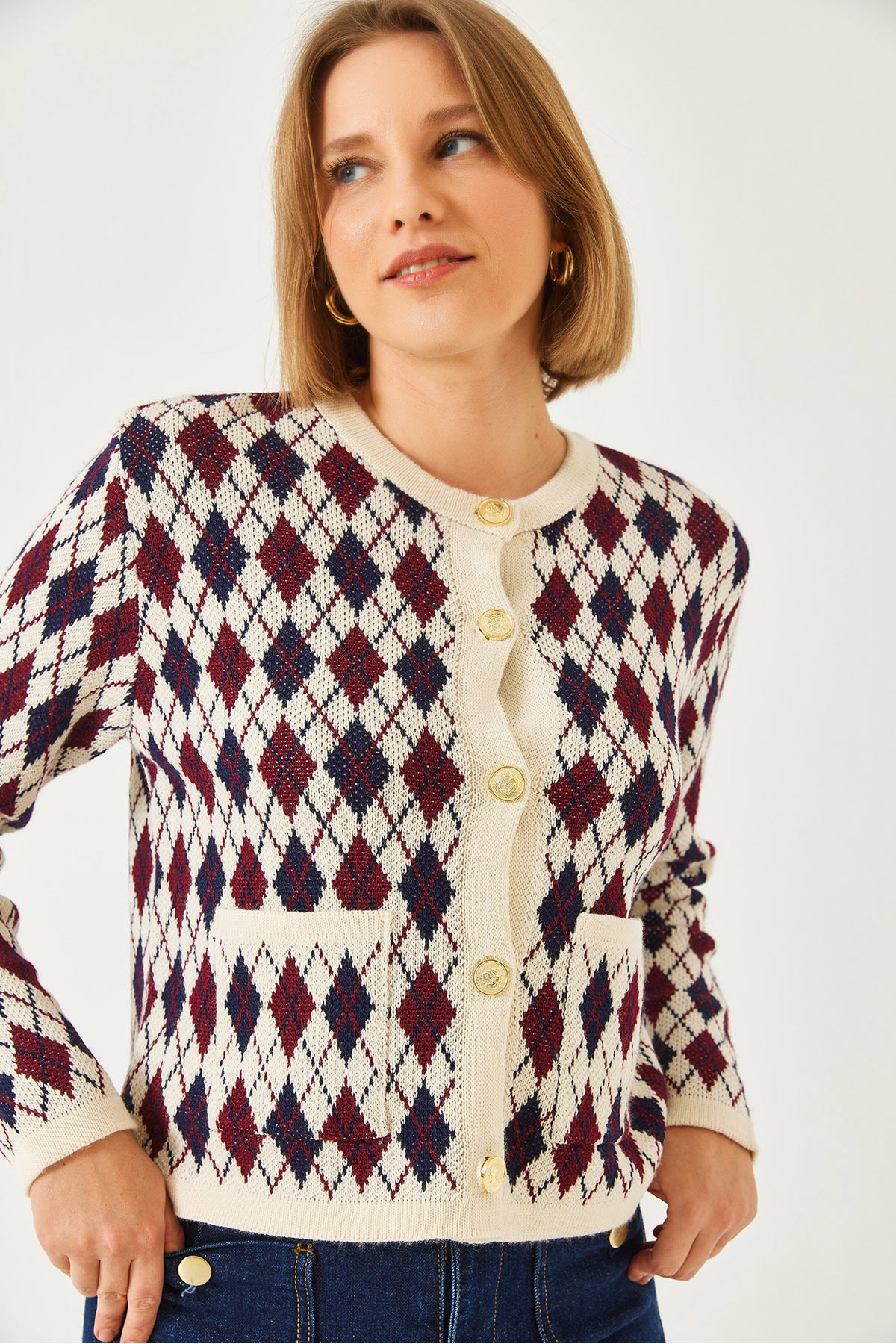 Women's Diamond Patterned Knitwear Cardigan with Pockets 20247581