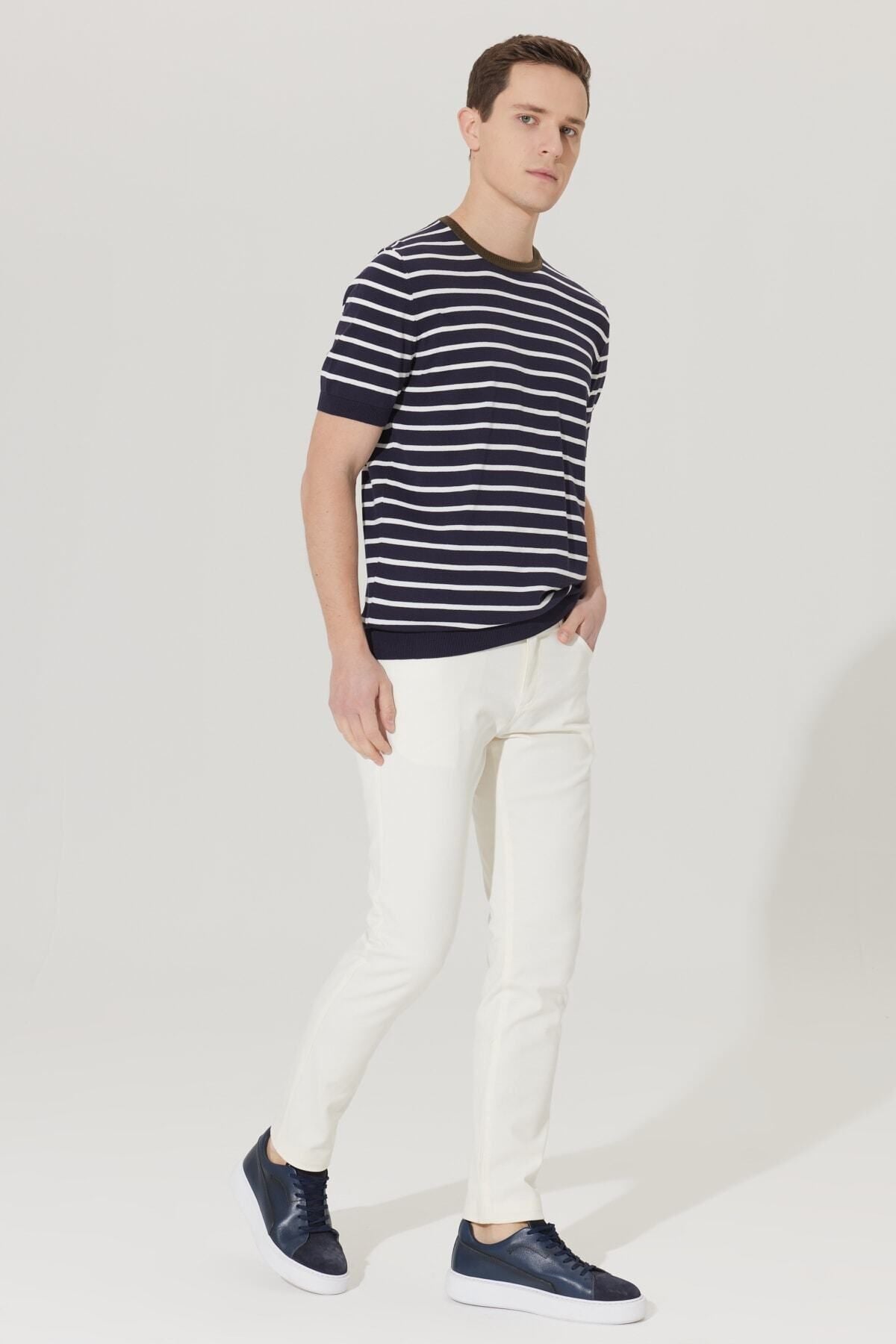 Men's ecru slim fit narrow cut 5 pocket cotton canvas flexible chino pants