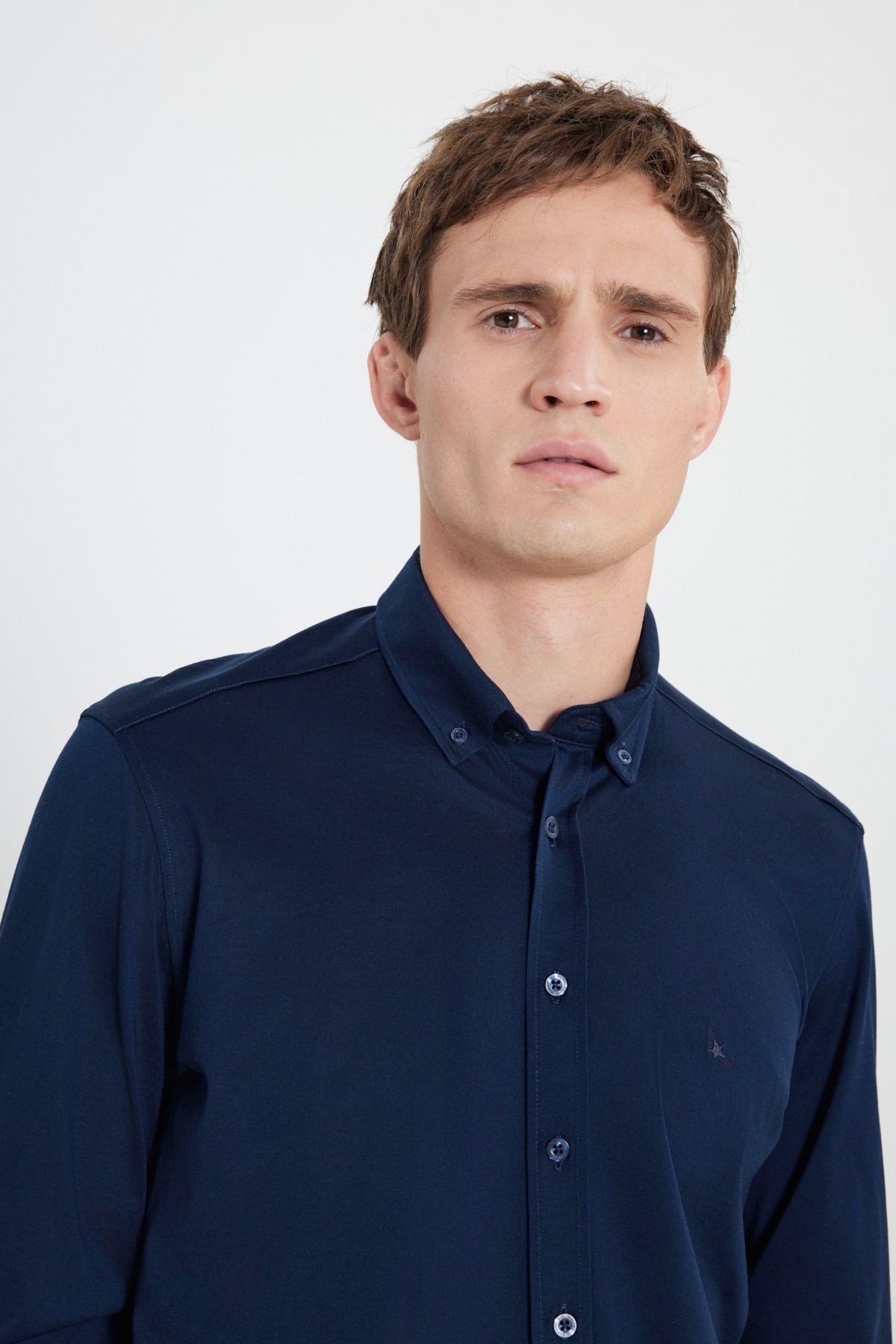 Men's Navy Blue 100 %Cotton Slim Fit Narrow Cutting Buttoned Neck Knitting Shirt