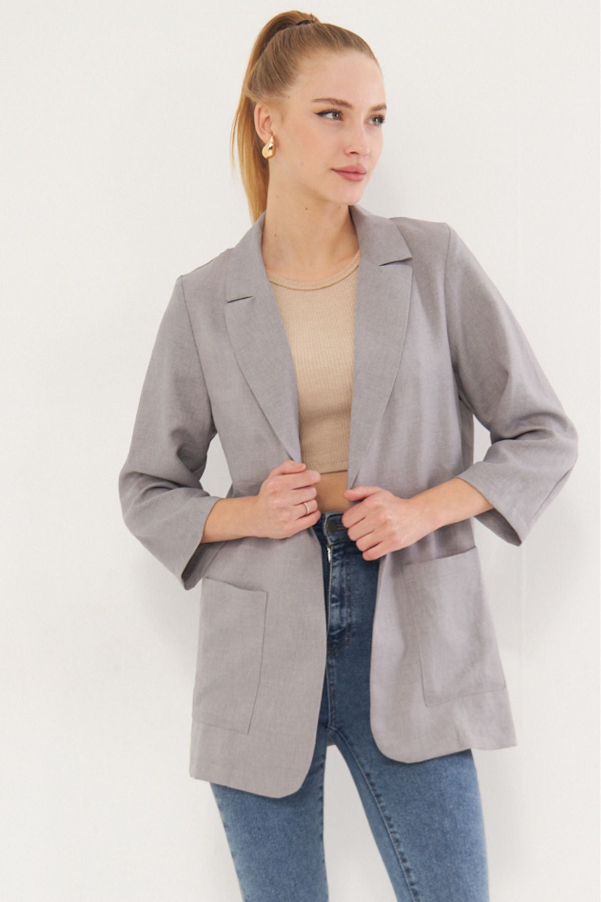 WOMEN'S Gray Pocket Oversize Jacket ARM-24Y001115