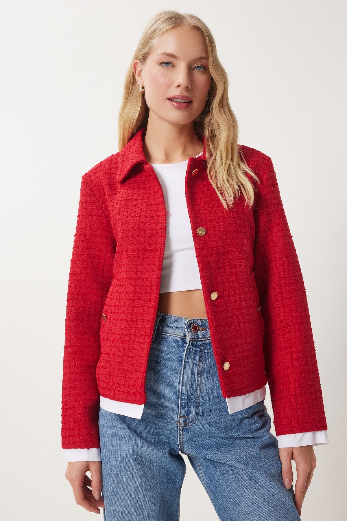 Woman Red Shirt Collar Tüvit Jacket to00157