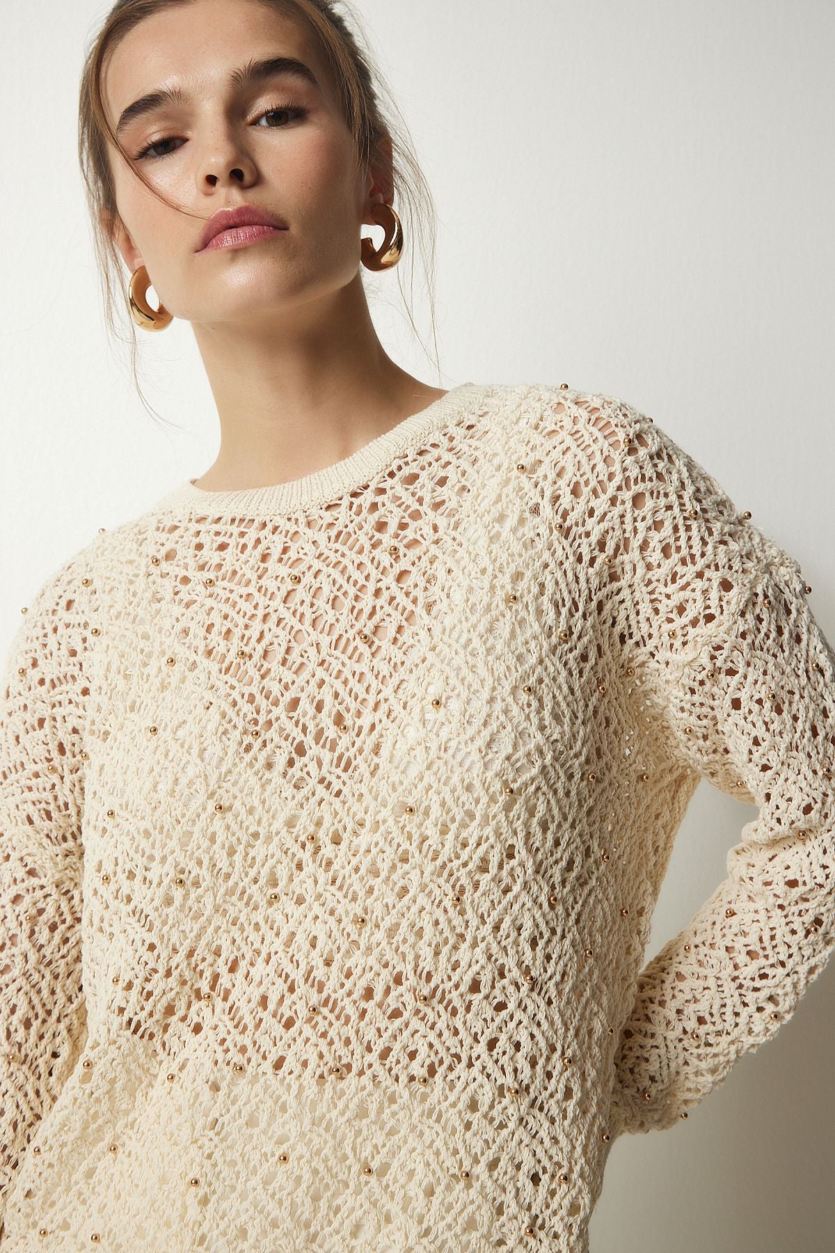 Women's Cream Stylish Pearl Detailed Offer Knitwear Sweater PF00025