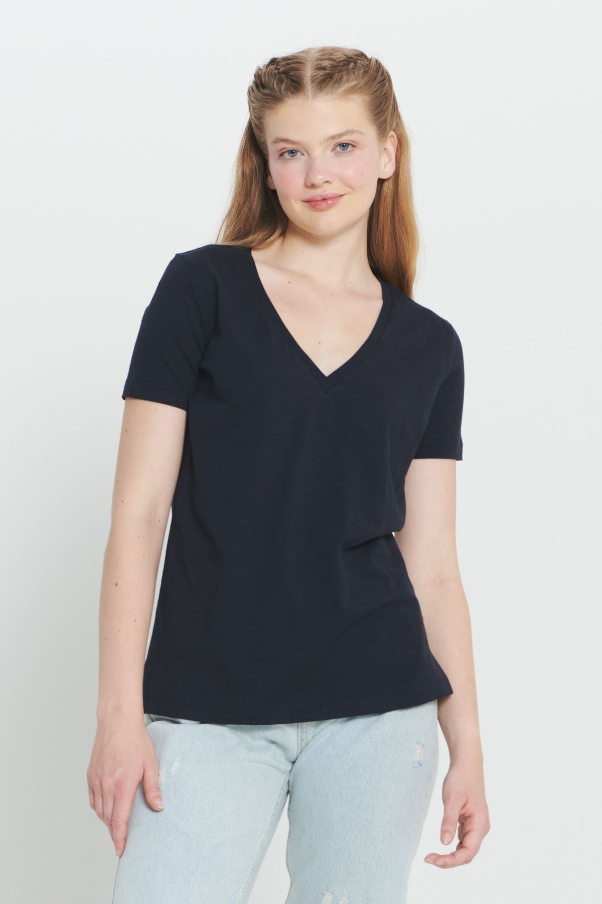 Woman Navy Blue 100 %Cotton Standard Fit Normal Cut V -Neck Basic T -shirt