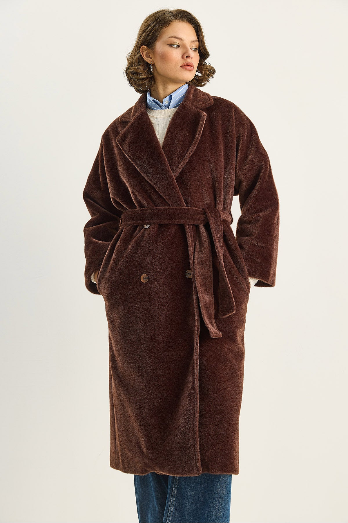 Women's Bearded Soft Textured Double Breasted Collar Lined Pocket Detailed Belted Coat 7021 60283753