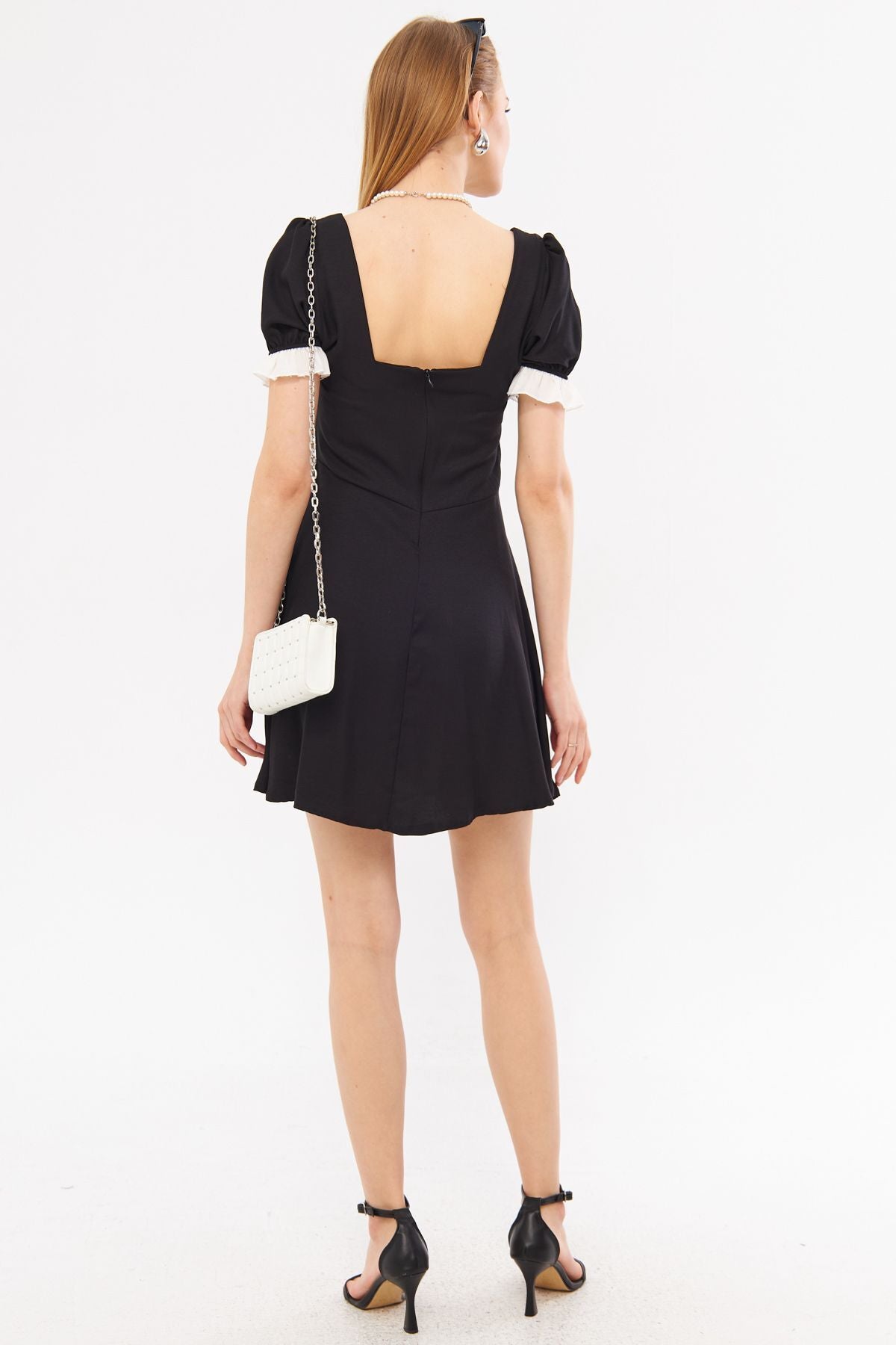 Female Black Front Rear Square Neck Sleeve Tip Detailed Watermelon Sleeve Kloş Mini Dress ARM-24Y001062