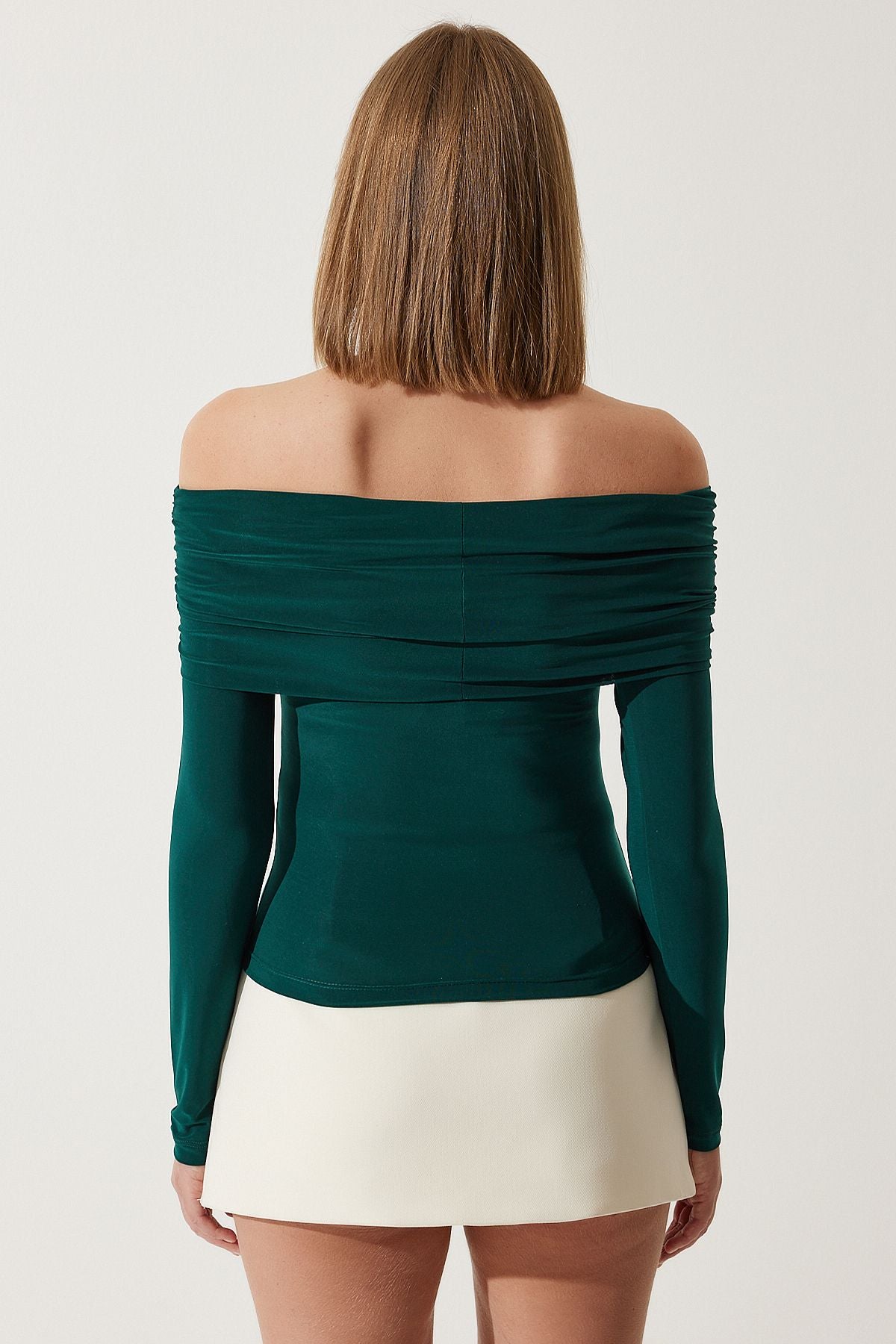Female emerald green shoulders open shirring detailed blouse ff00161
