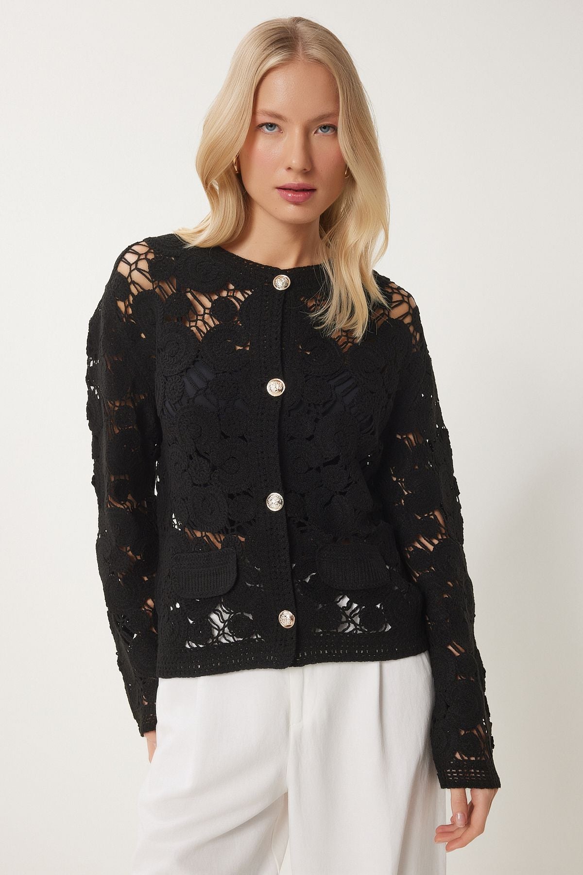 Female Black Flower Seasonal Triko Cardigan ES00175