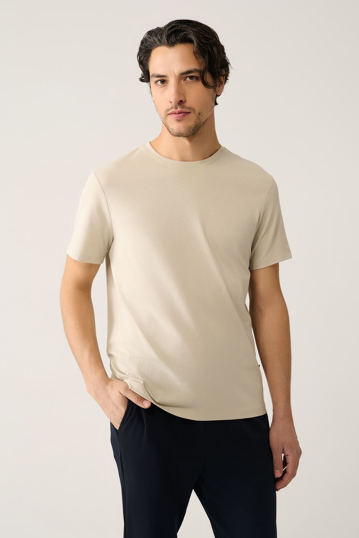 Men's Beige 100 %Cotton Breathing Bicycle Yaka T-Shirt E001000