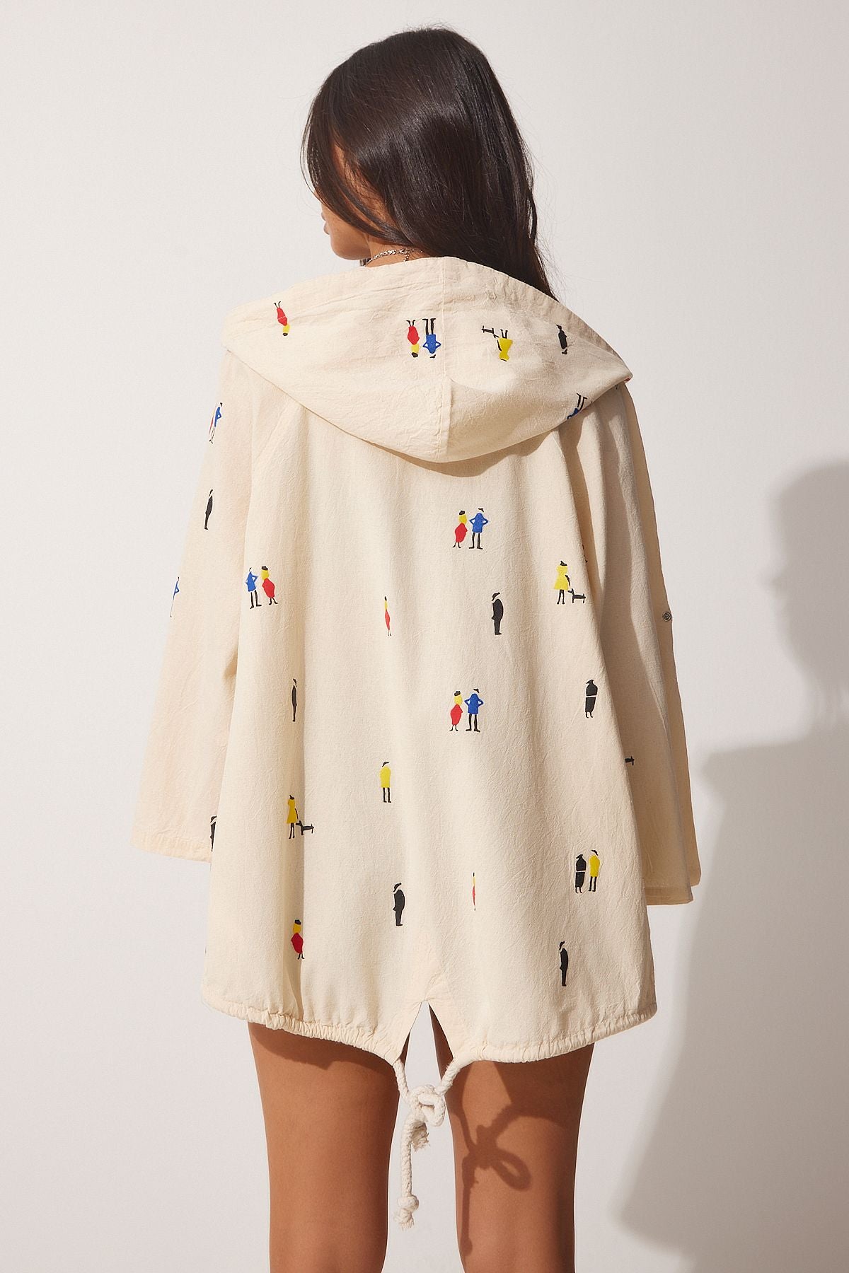 Women's cream printed hooded raw linen jacket sa00014