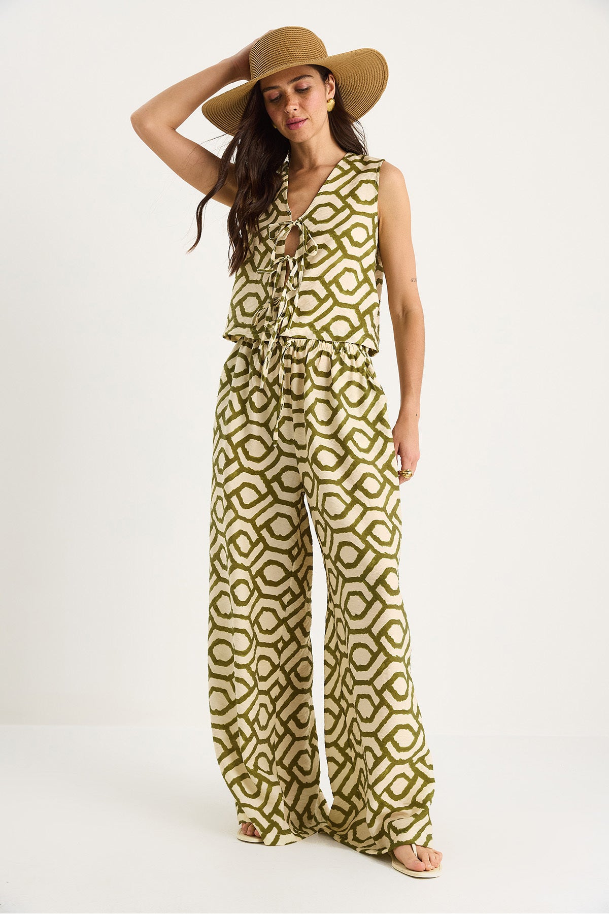 Women's Tie Detailed Blouse Patterned Viscose Top and Bottom Set 252-8035 60283427