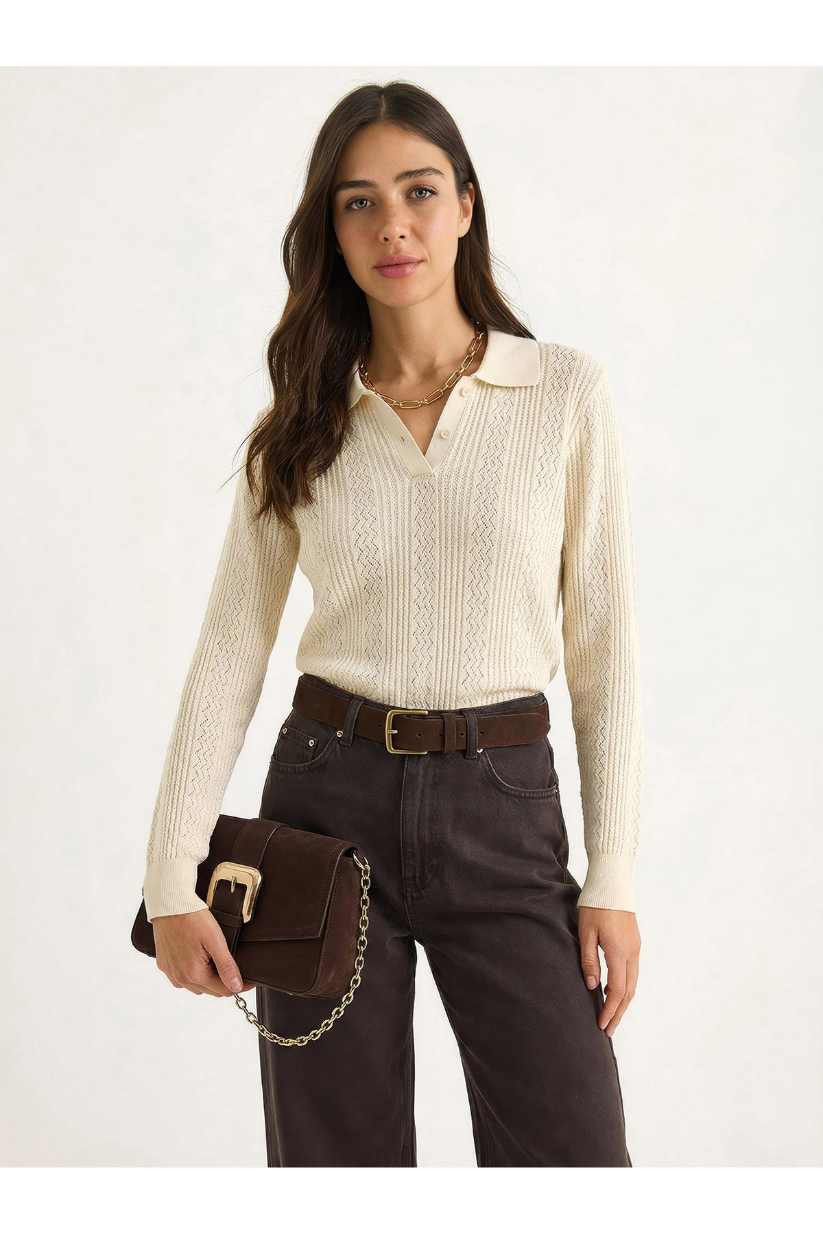 Women's Polo Neck Placket Regular Fit Knitwear Sweater 20258063