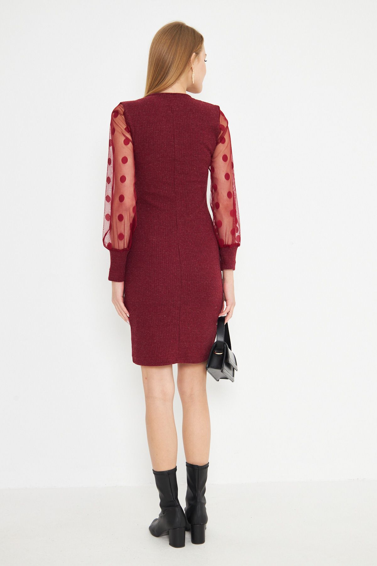 Female Bordeaux U Yaka Sitting on the Body Arms Tulle Detail Kashkorse Knitwear Dress ARM-25K001068