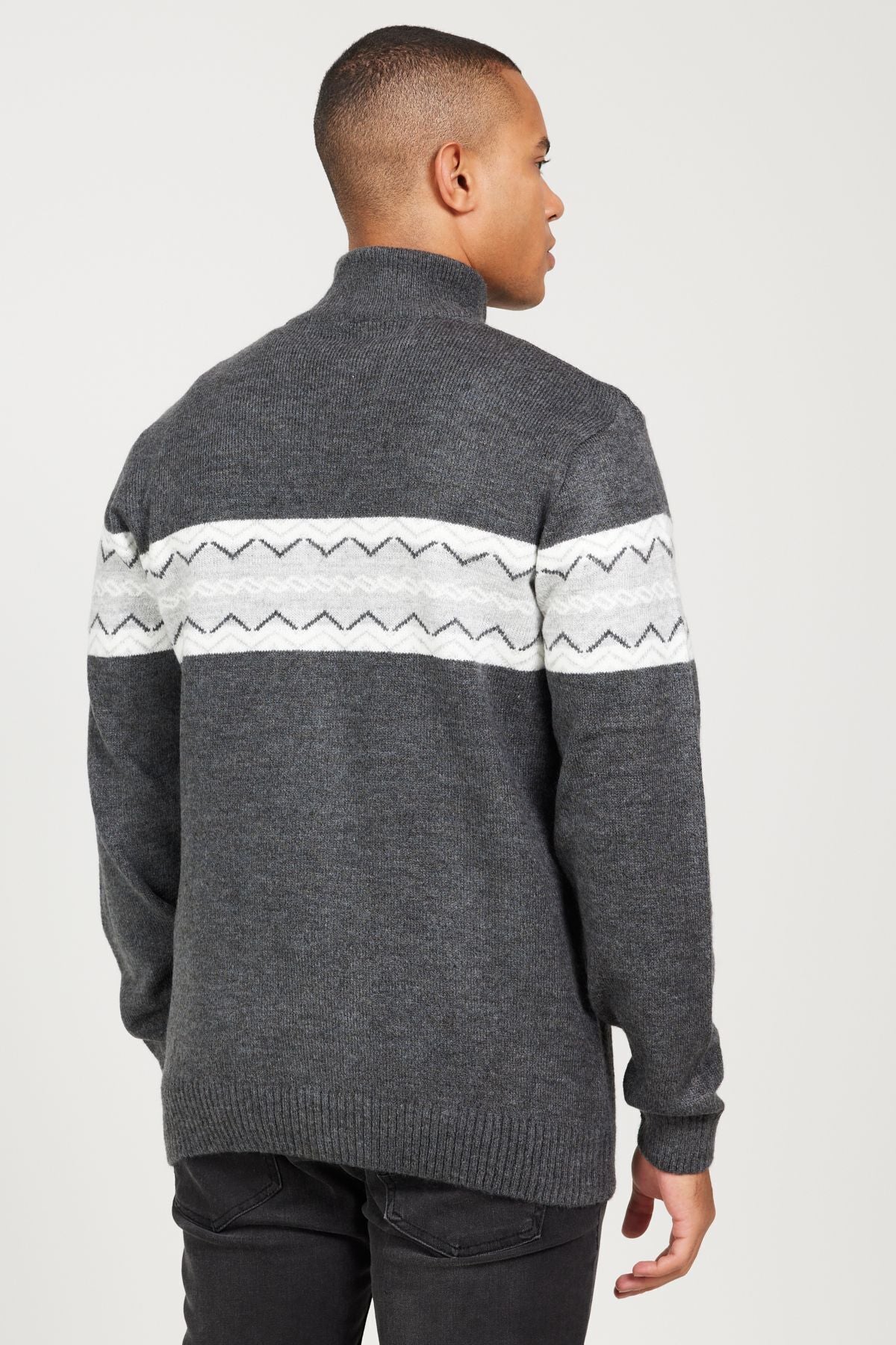 Men's smoked-gray standard fit Normal cut upright collar woolen chart soft textured knitwear sweater