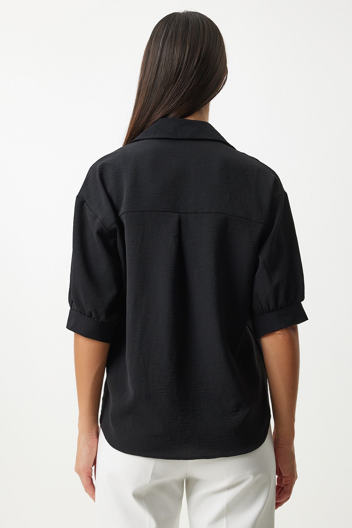 Female black balloon sleeve linen Ayrrin shirt DD01321