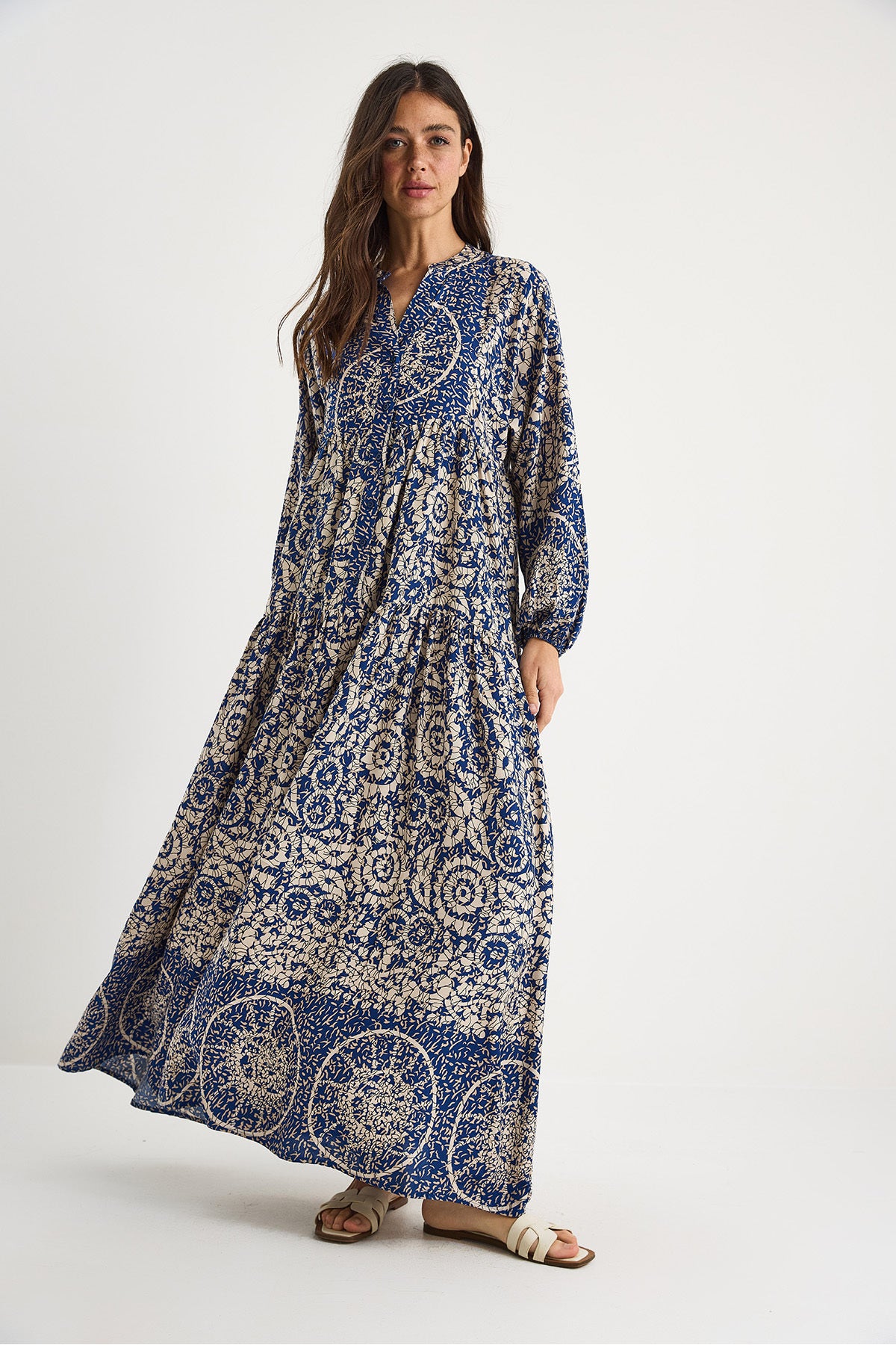 Women's V-Neck Patterned Button Detailed Maxi Viscose Dress 2423 60283334