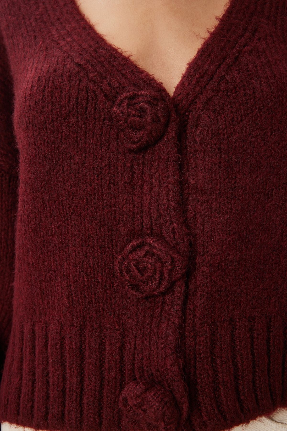 Kadın Bordo Ponpon Çiçek Detaylı Triko Hırka PF00078
