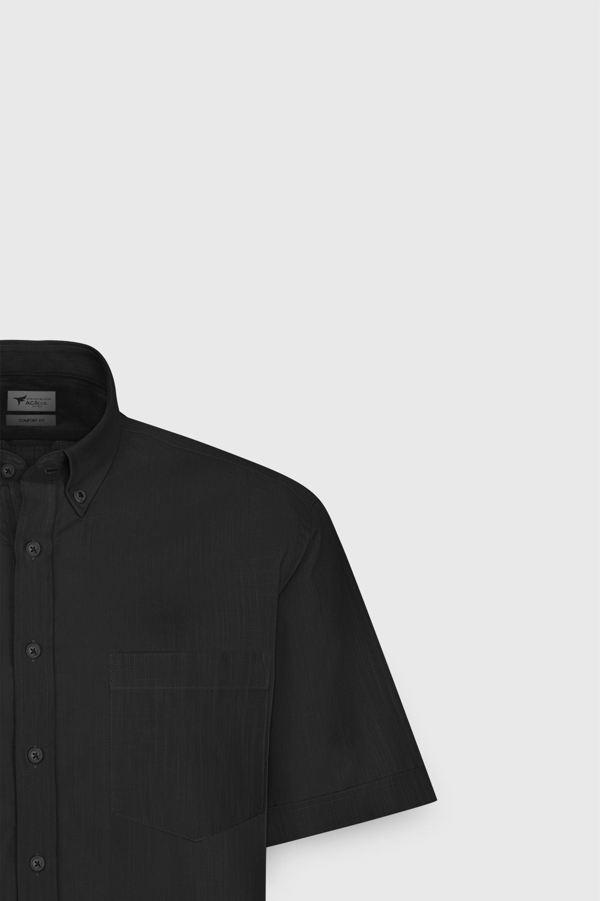 Men's Black Comfort Fit Casual Cutting Buttoned Neck Linen Look 100 %Cotton Short Sleeve Shirt