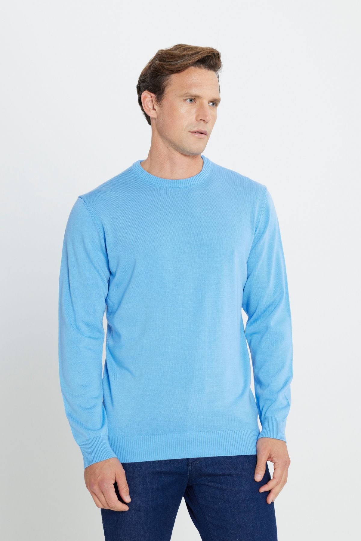 Men's light blue hair growth anti-pilling standard fit normal cut bike collar knitwear sweater