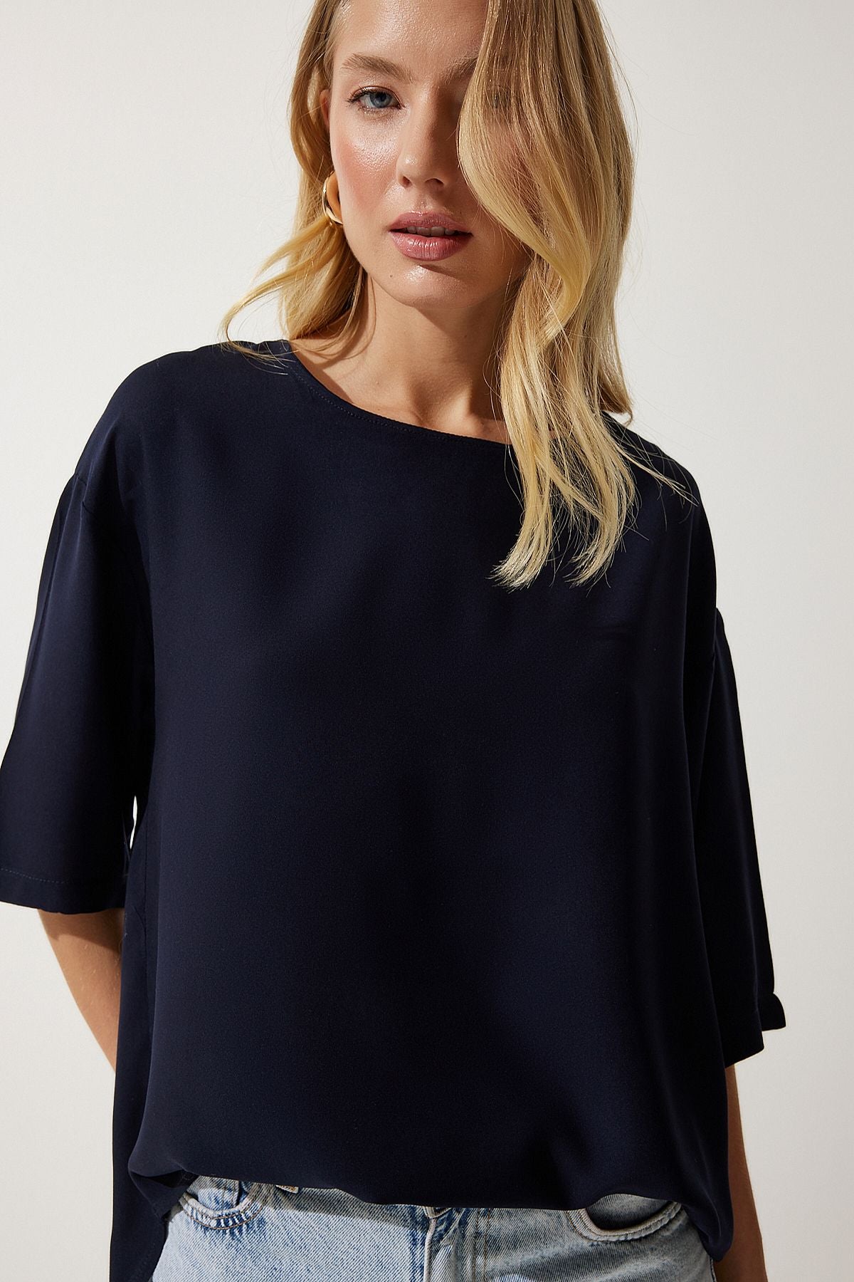 Female navy blue bicycle collar draped viscose blouse RC00152