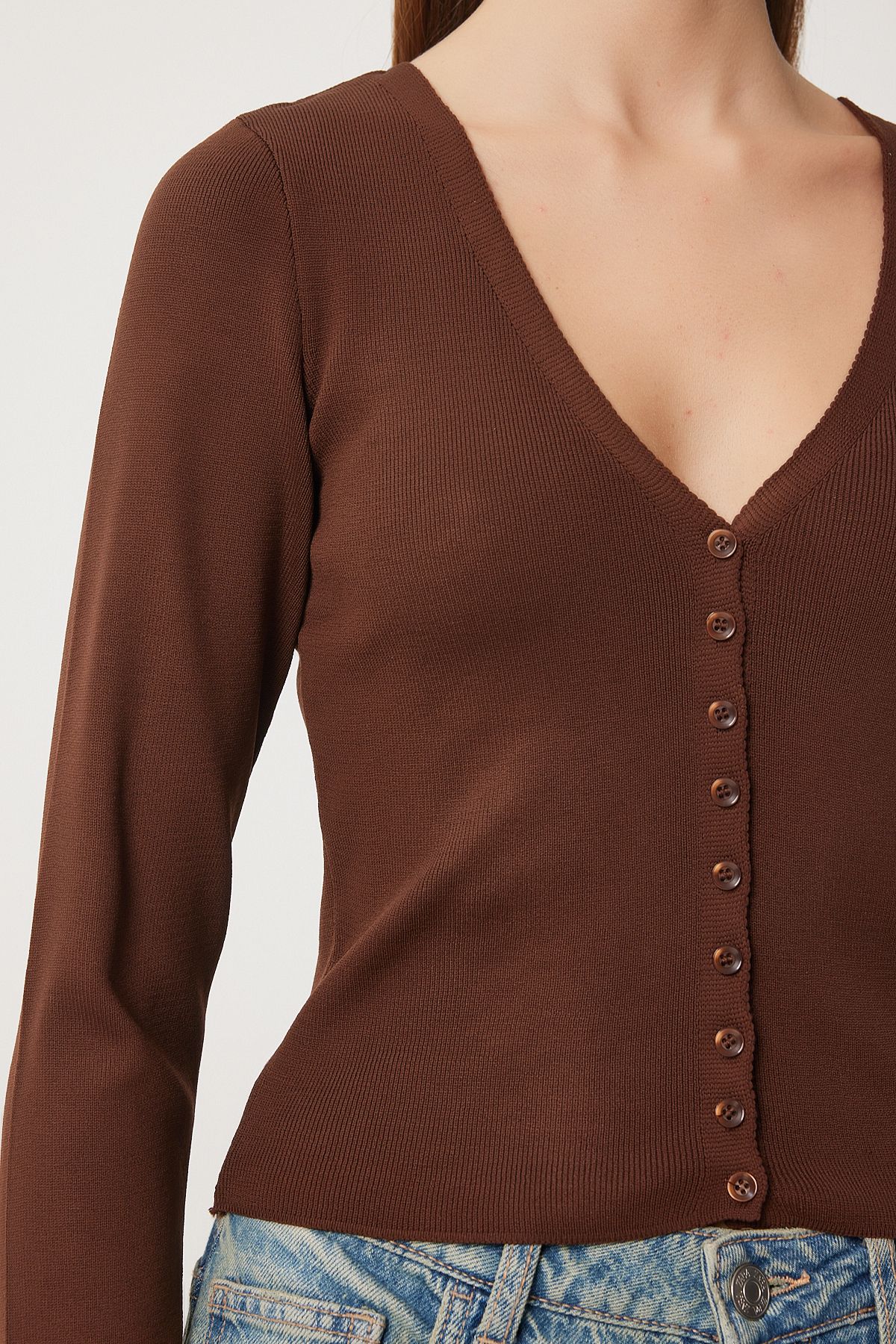 Female brown V -neck knitwear cardigan FN03356