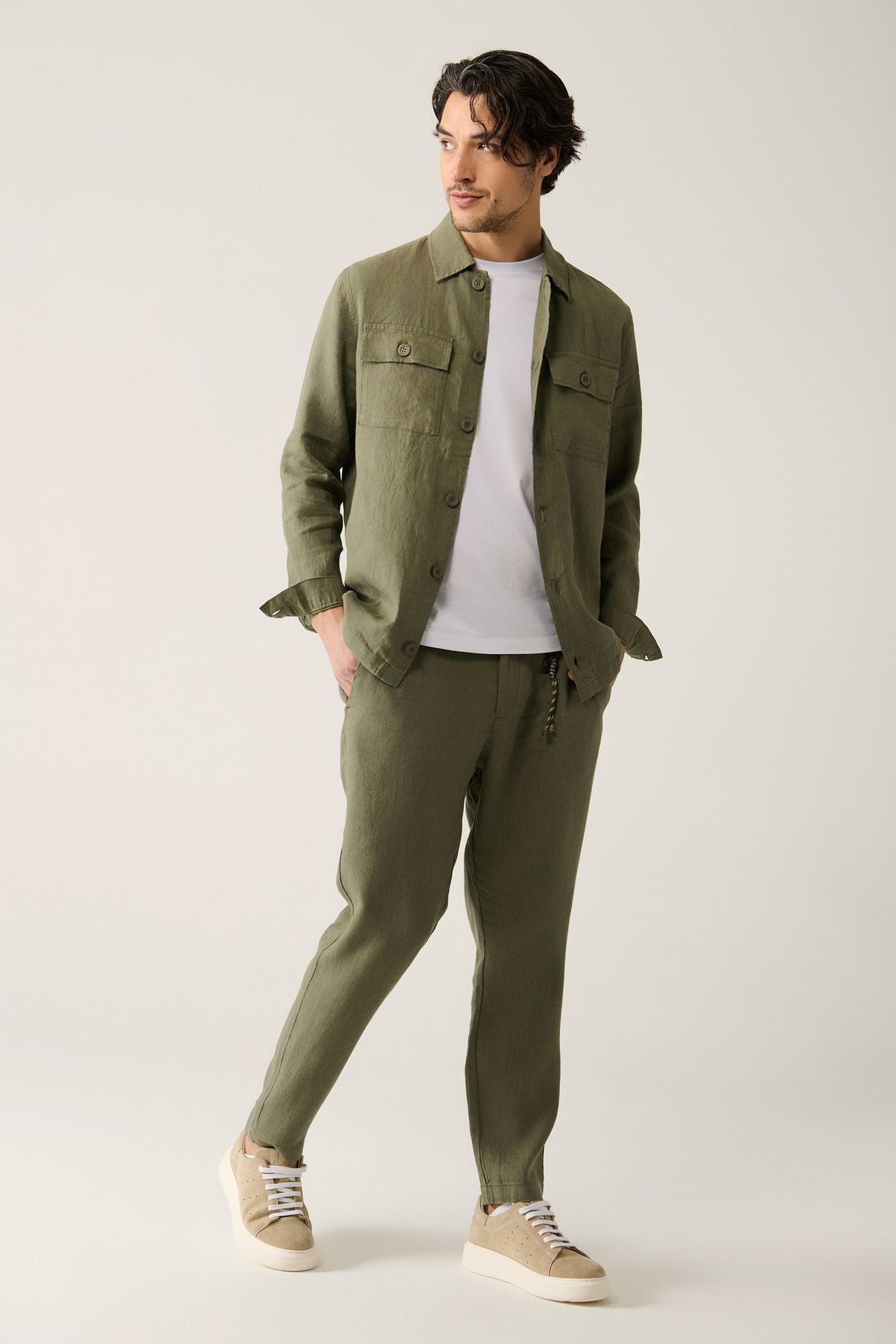 Men's Khaki Waist Tire 100 %Linen Issos Pants B003032