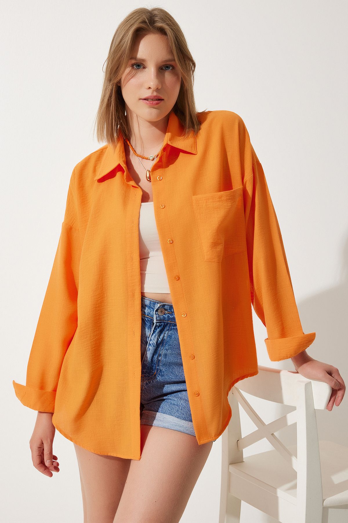 Woman Oranj Oversizle Linen Ayrobin Shirt DD01222