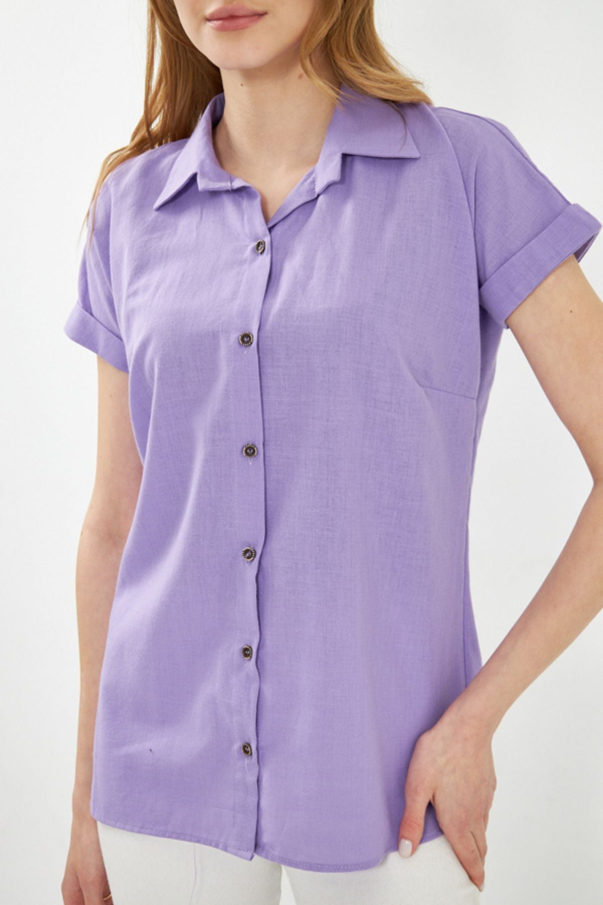 Women's Lilac Short Sleeve Linen Shirt ARM-24Y001038