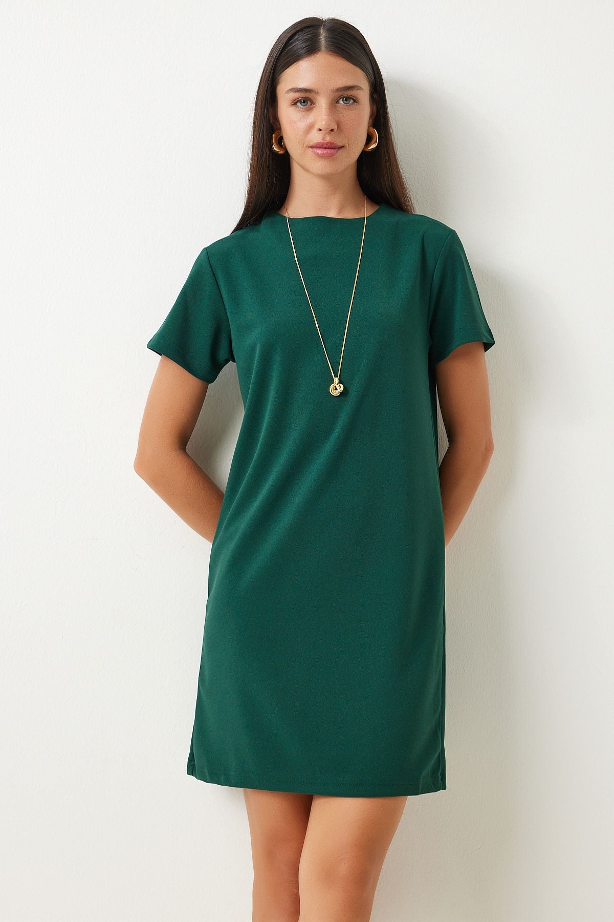 Female emerald green bike collar Basic crepe dress to00136
