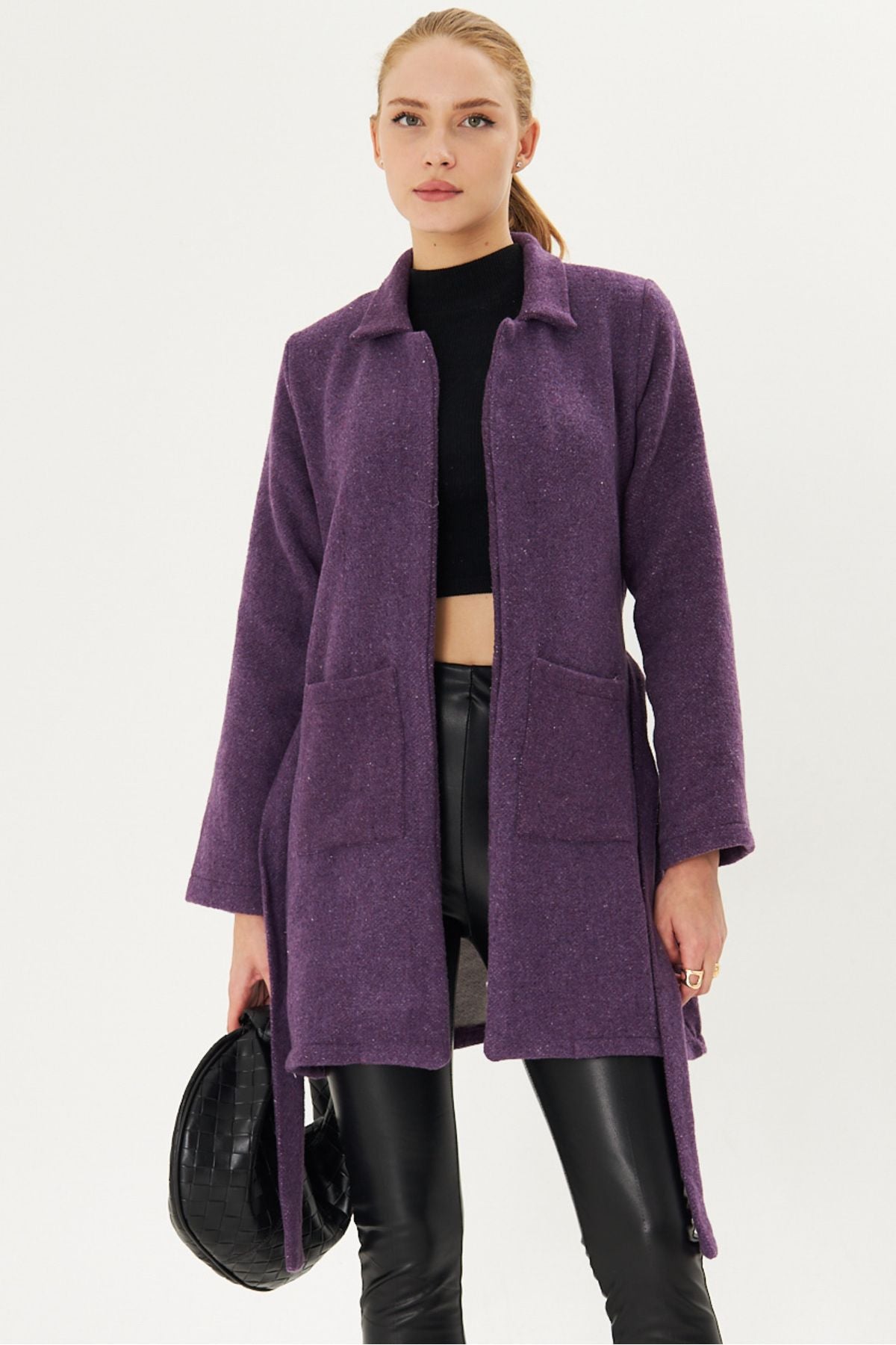 Female purple men's collar pocket belt coat Arm-25k001053