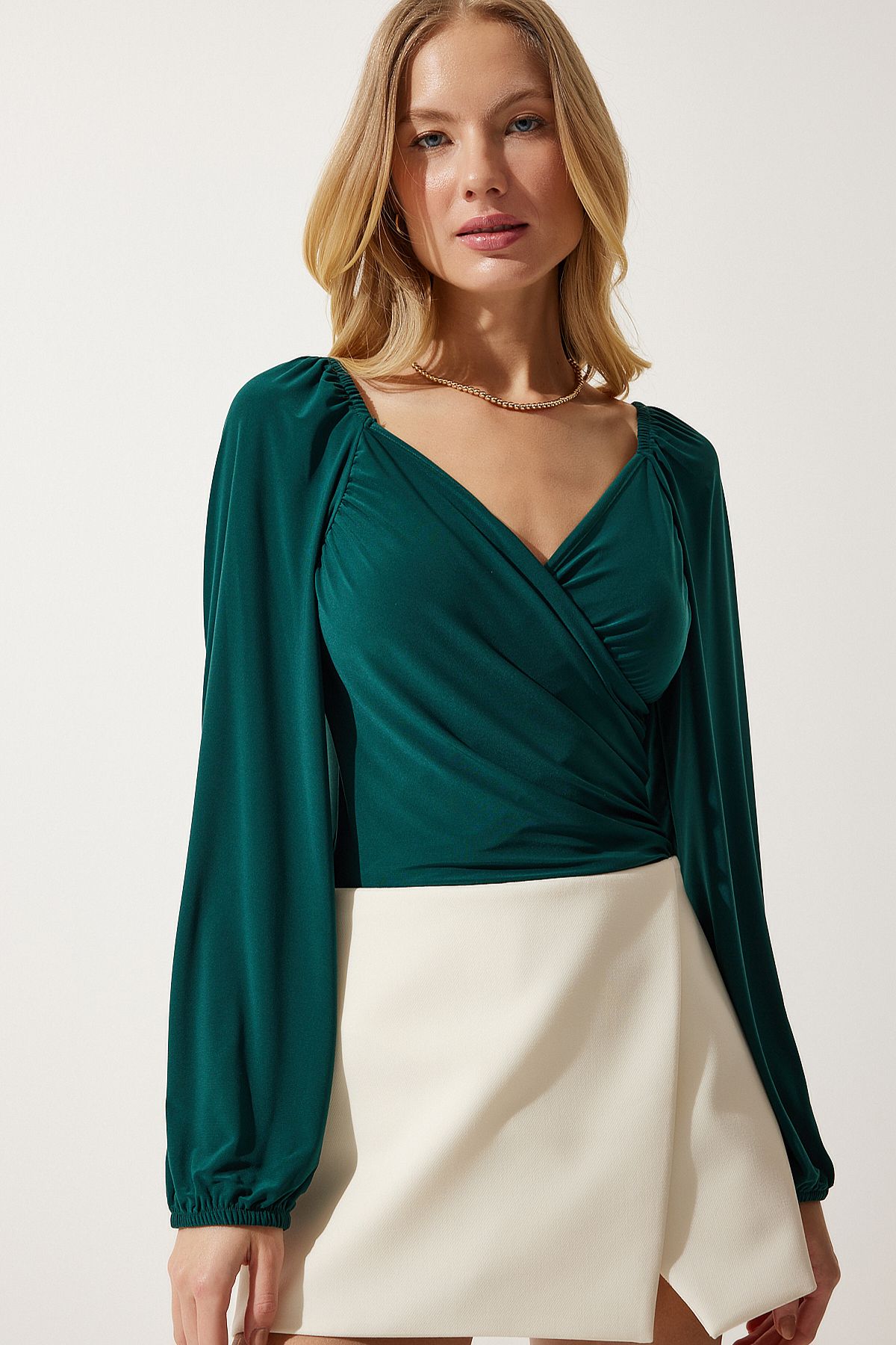 Female emerald green elastic balloon sleeve sandy knit blouse ff00154
