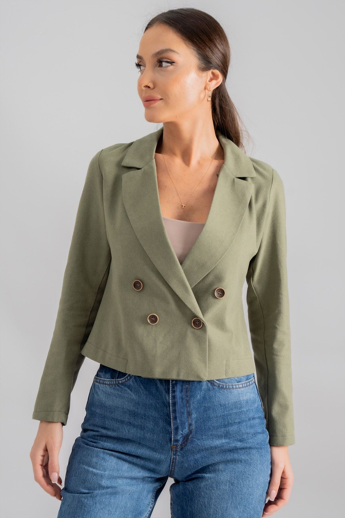 Woman Khaki Cruve Yaka Gabardin Crop Jacket ARM-24Y001010