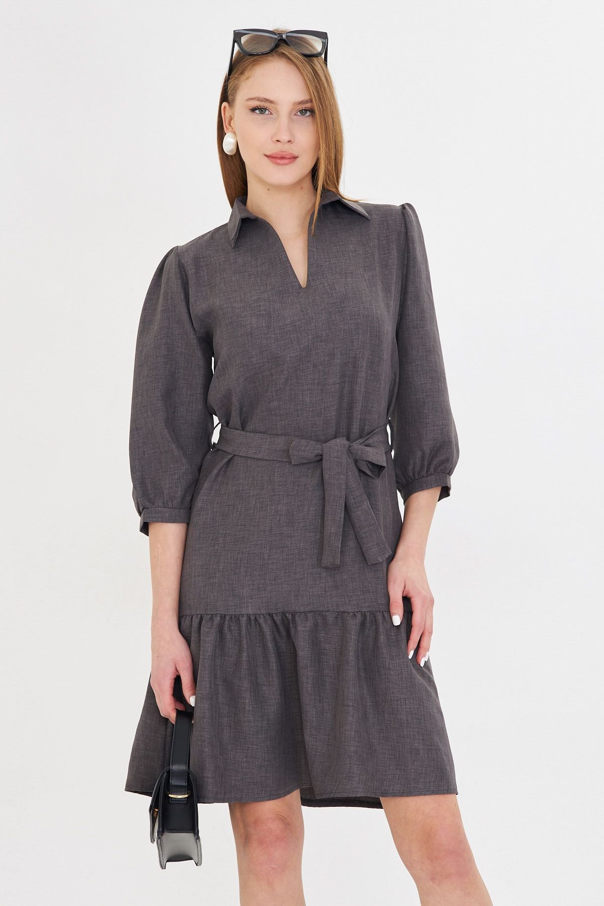 WOMEN'S SMOKE SHIPS COLLAR QUILE SOLD BELEED SNECT SNIST SHIRT DRESS ARM-25Y001010