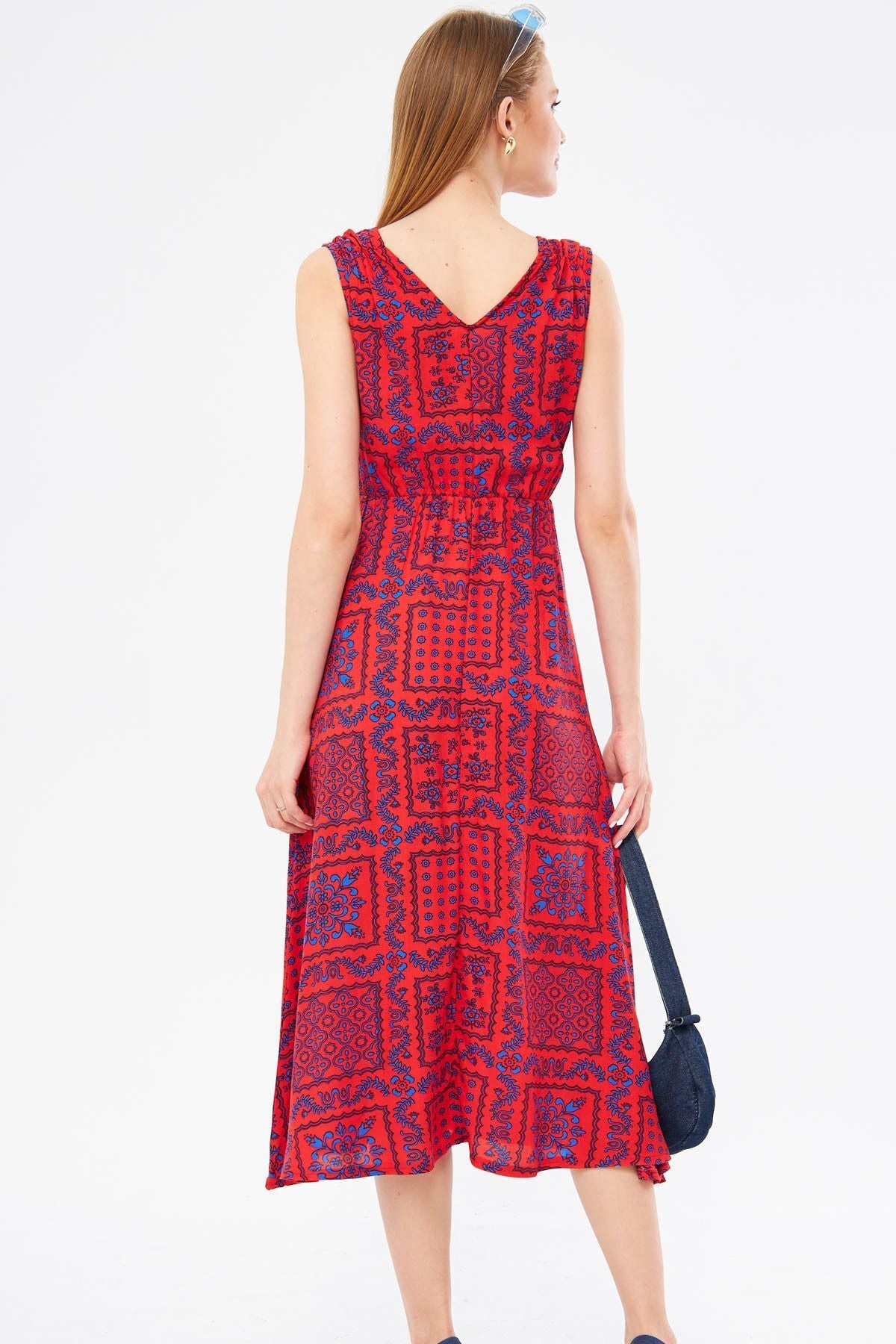 Female coral patterned waist and shoulder tire-cruve collar midi height skirt dress ARM-24Y001052