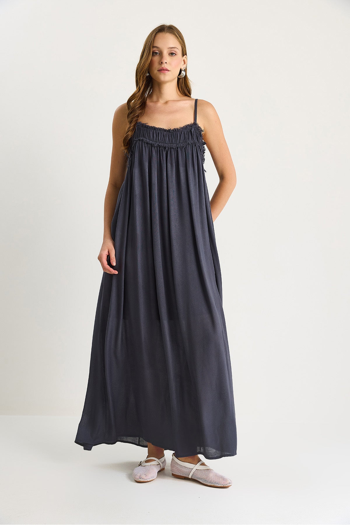 Women's Thin Strap Gathered Pocket Detailed Lined Thin Cotton Dress 60283512