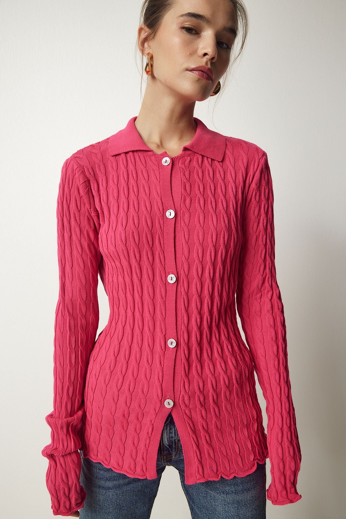 Woman Pink Polo Yaka Braided knitwear cardigan FN03117