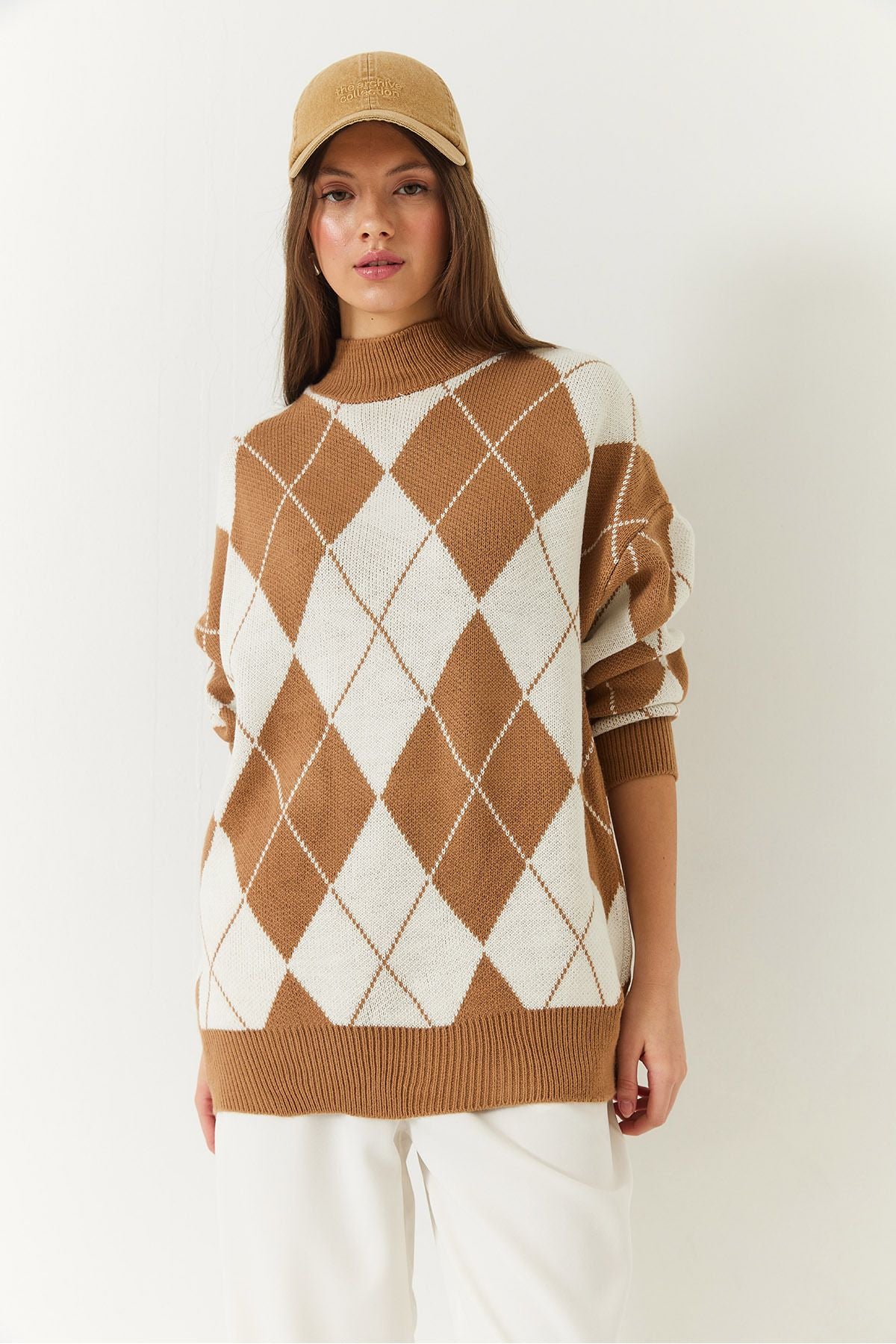 Female Baklava Patterned Half Fisherman Neck Oversizle Thick Knitwear Sweater 60261376