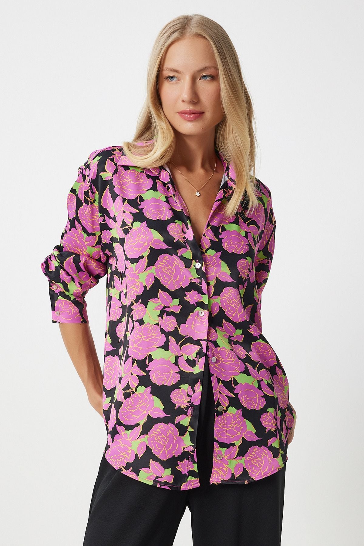 Female pink black flowering satin surface shirt HK00040