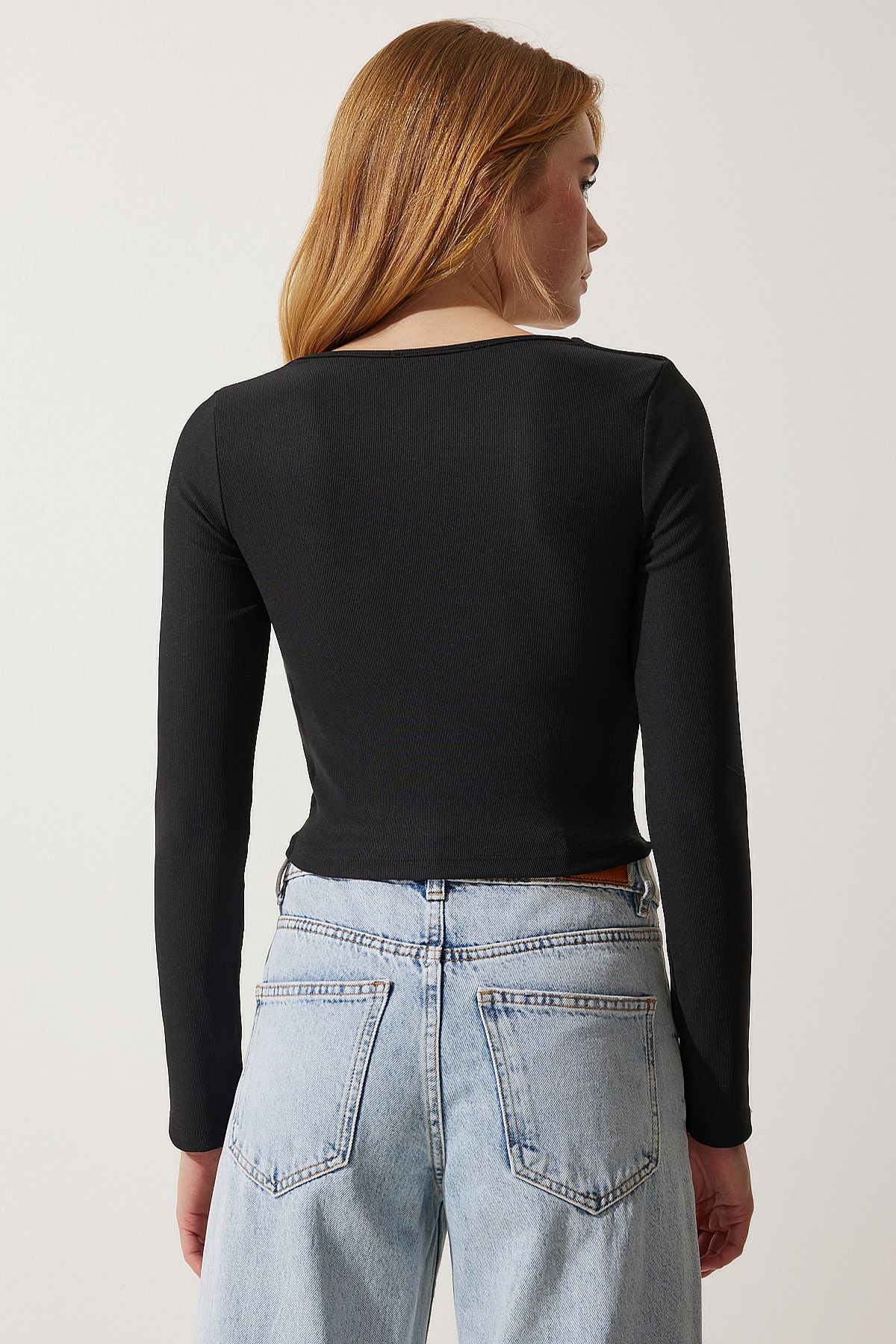 Female Black Square Collar Crop knitted blouse AN00176