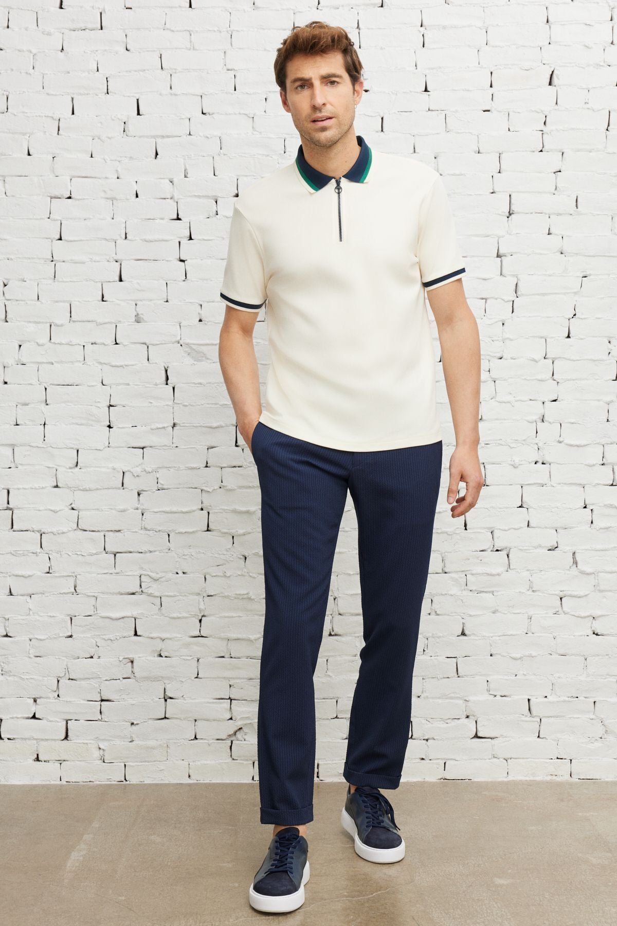 Men's Ecru Lacı Regular Fit Casual Cut Polo Yaka 100 %Cotton T -shirt