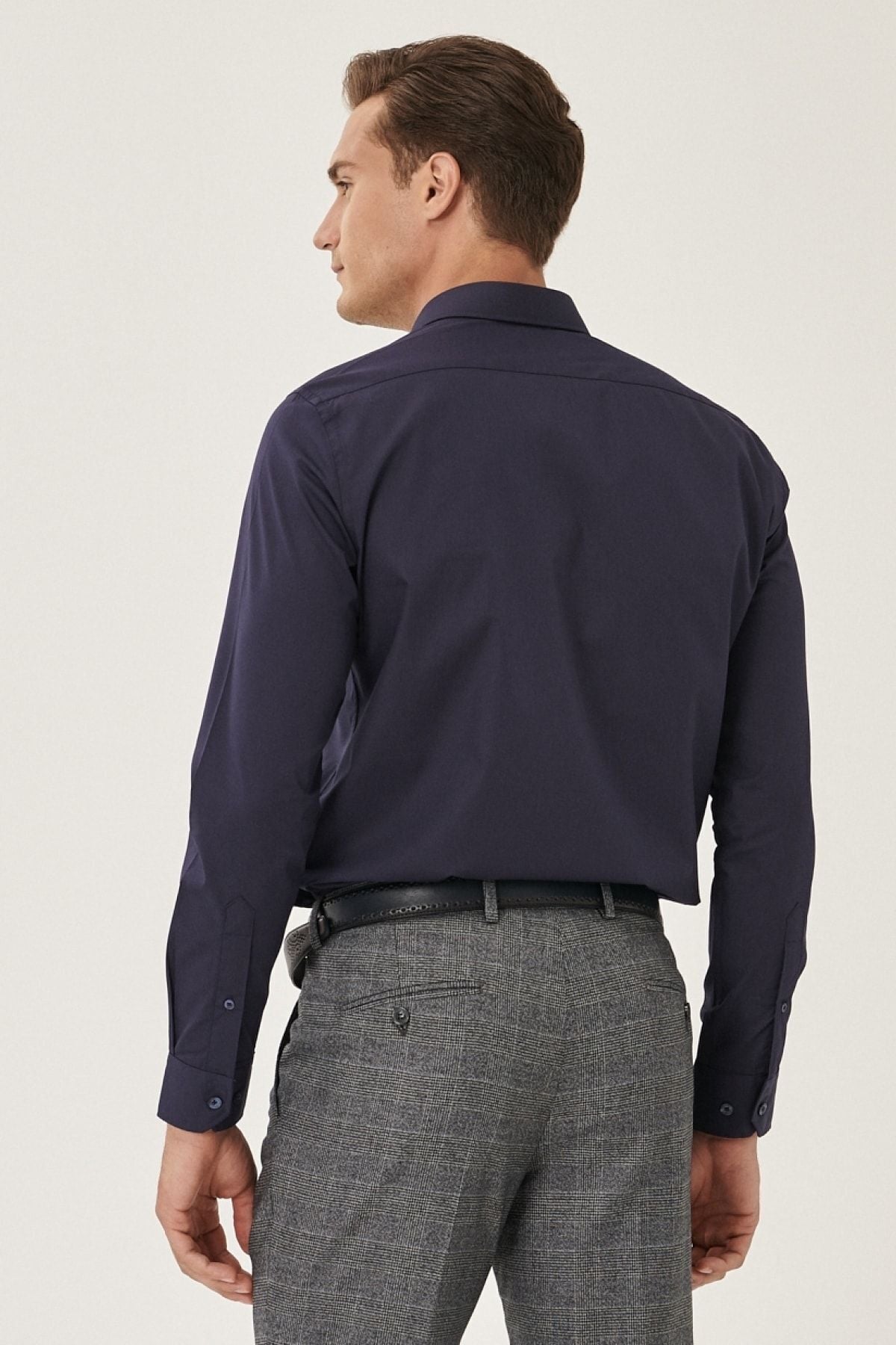Men's Dark Navy Blind Ironing Easy Non-Iron Slim Fit Narrow Cut Classic Neck Cotton Cotton Shirt