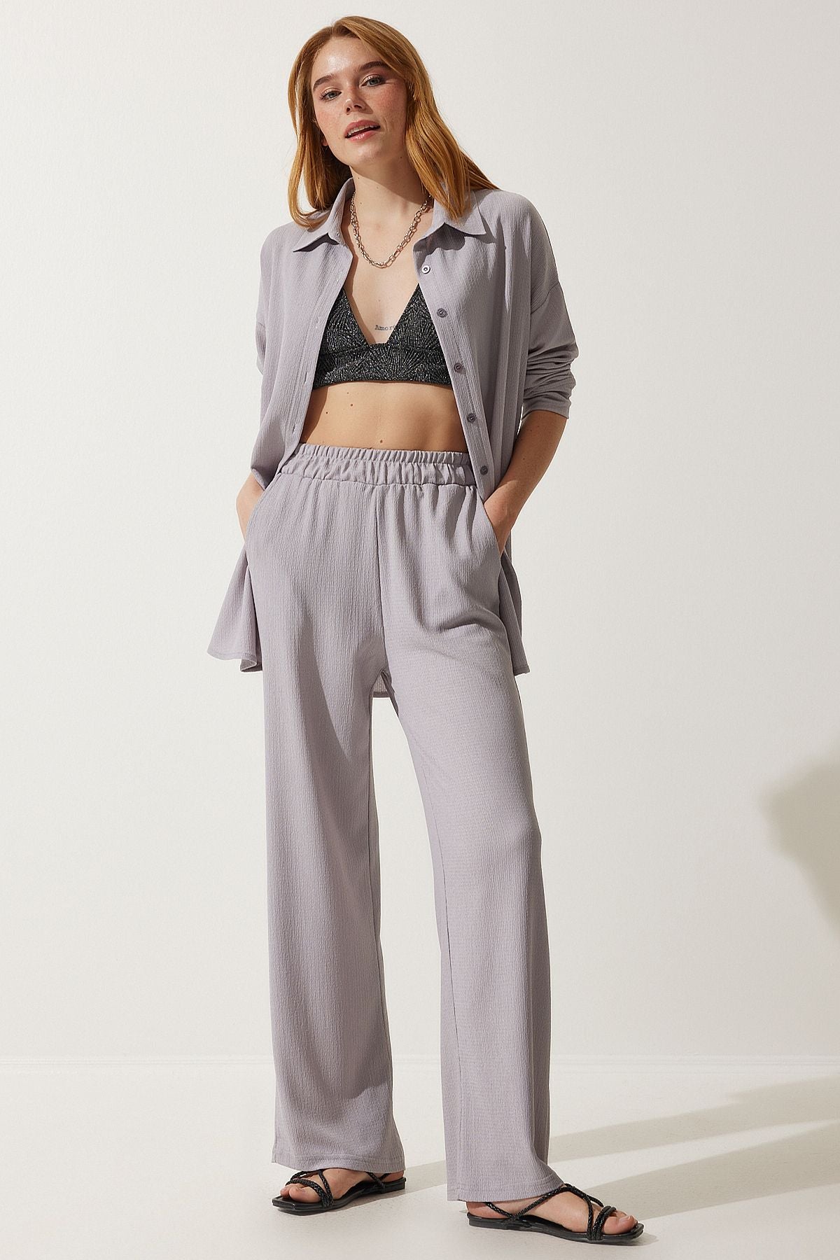 Women's gray comfortable knitted shirt pants set KH00090