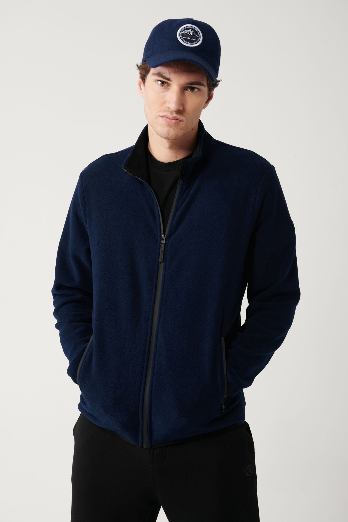 Men's navy blue polar sweatshirt upright collar cold -resistant zipper regular Fit E001069