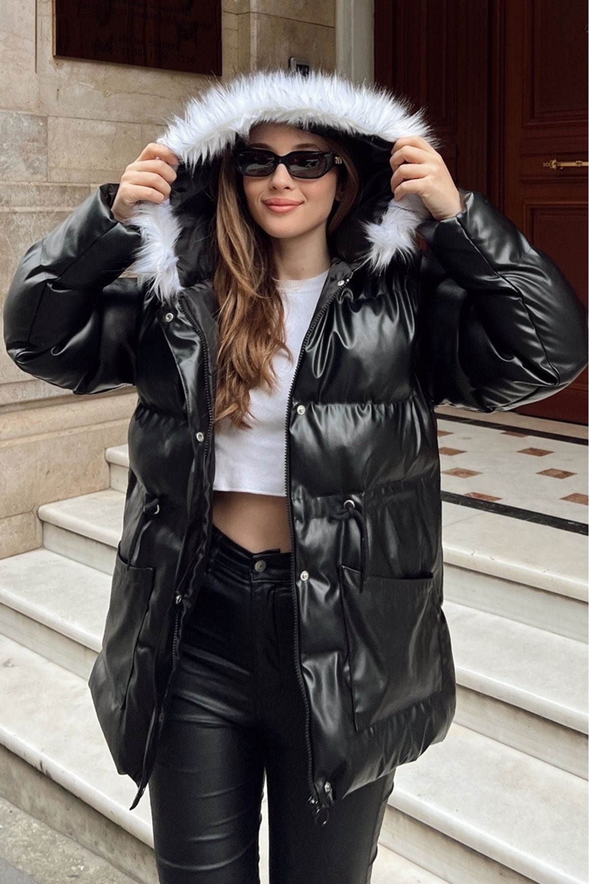 Women's hood fur swelling leather coat