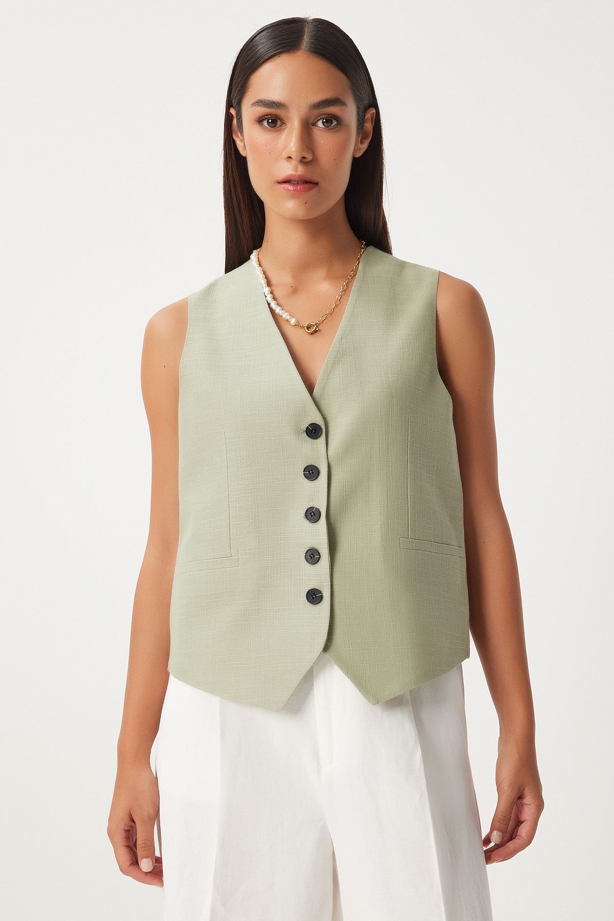 Female Cagla Green Button Closed Linen Vest DP00207